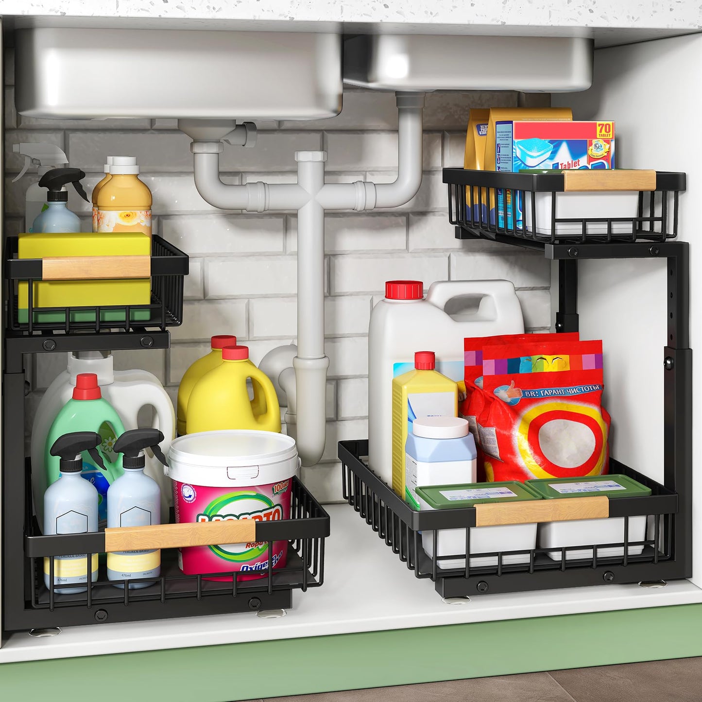 Kitstorack 2 Tier Under Sink Organizer, Slide Out Metal Kitchen Cabinet Organizers Drawer Shelf, Sliding Storage Shelves for Kitchen Bathroom Pantry Cabinet Closet Organization Rack