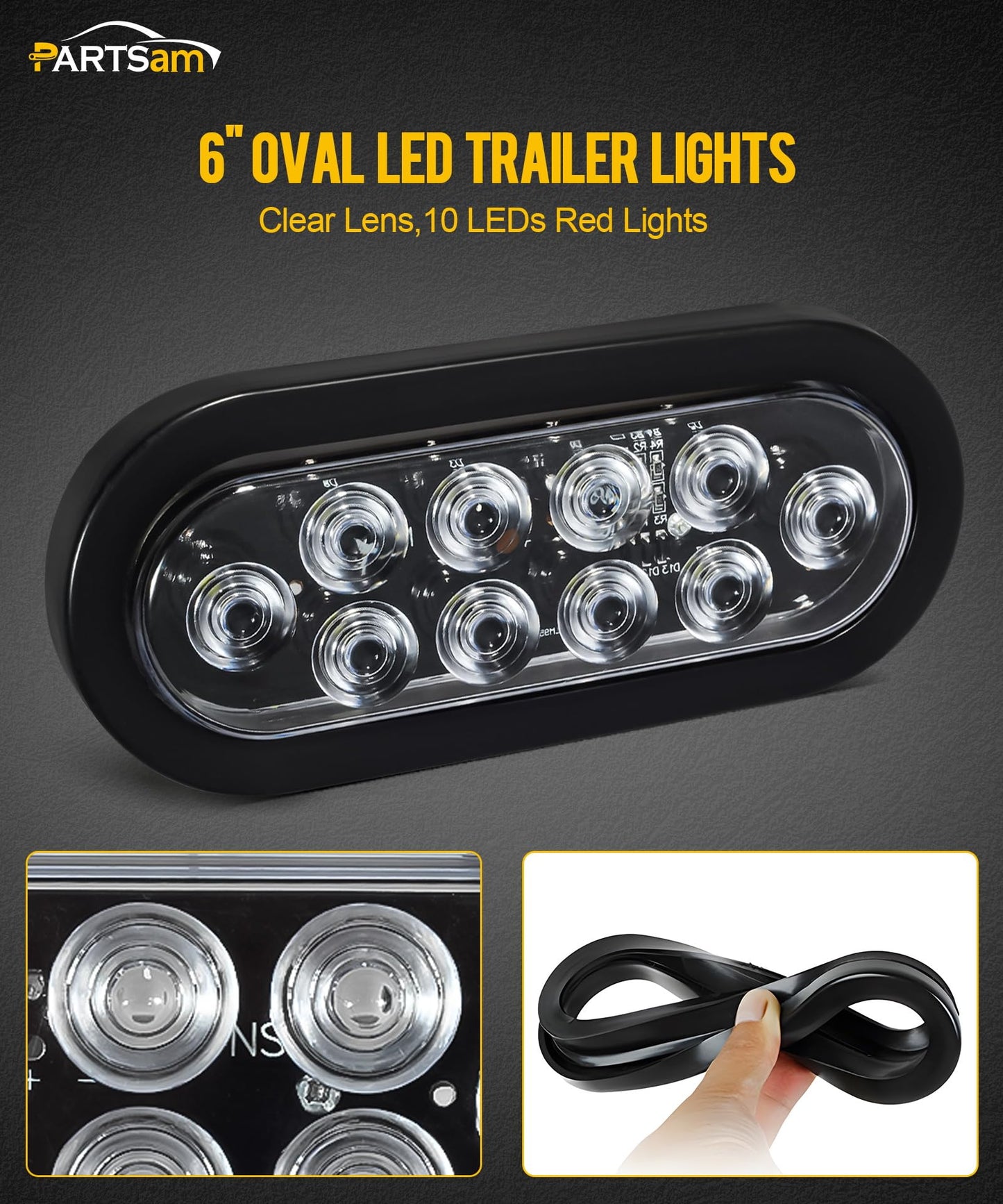Partsam 2Pcs 6 Inch Oval Red Led Trailer Tail Lights 10 Diodes Clear Lens Stop Brake Turn Lights Grommet and Pigtails Waterproof 12V Sealed for RV Trucks, 6 Oval led Tail Lights Clear