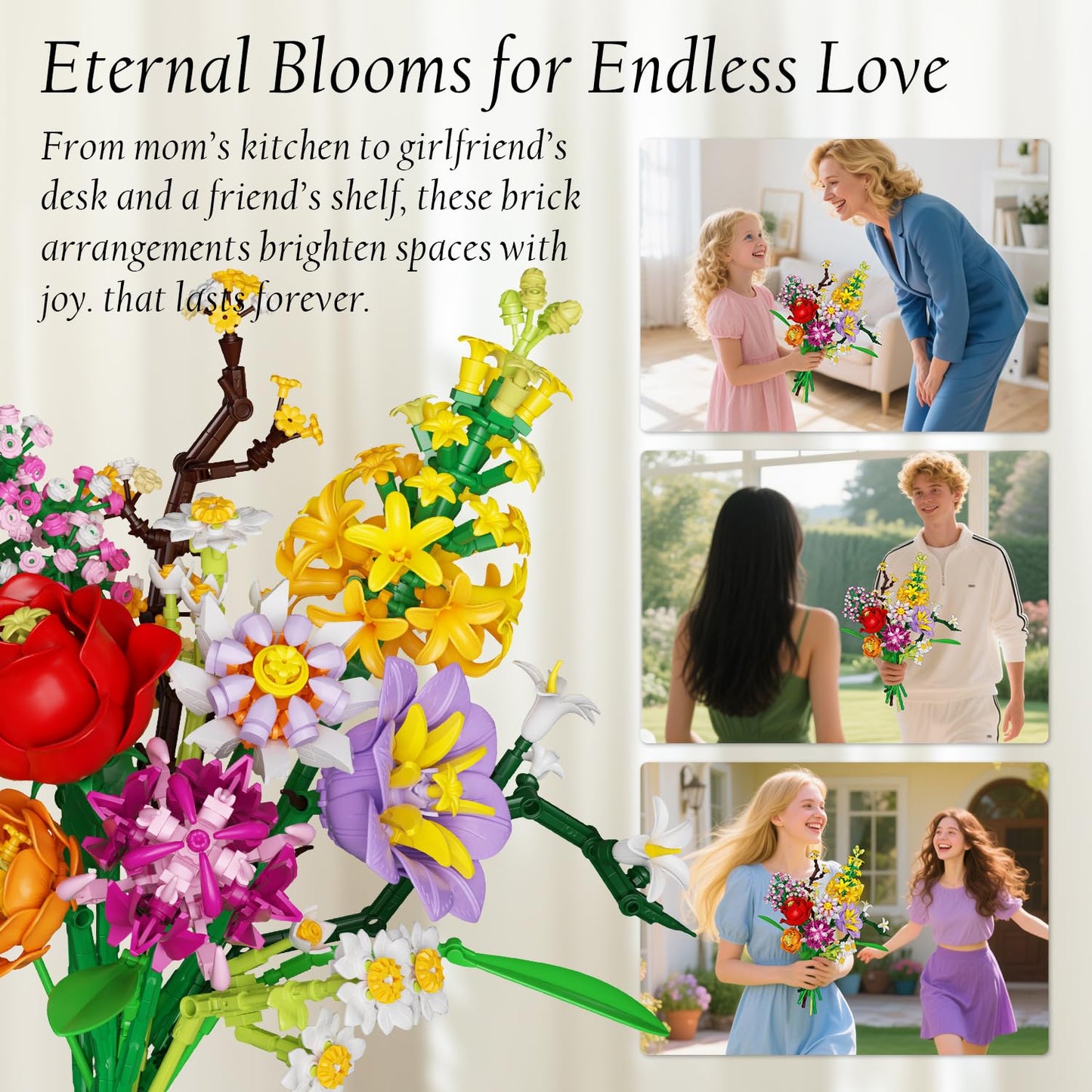 2 in 1 Vase Flowers Bouquet Building Set, Artificial Flowers Bouquet Sets for Adults & Women, Comptatible with Lego Flower Bouquets Botanicals Collection, 1458 PCS