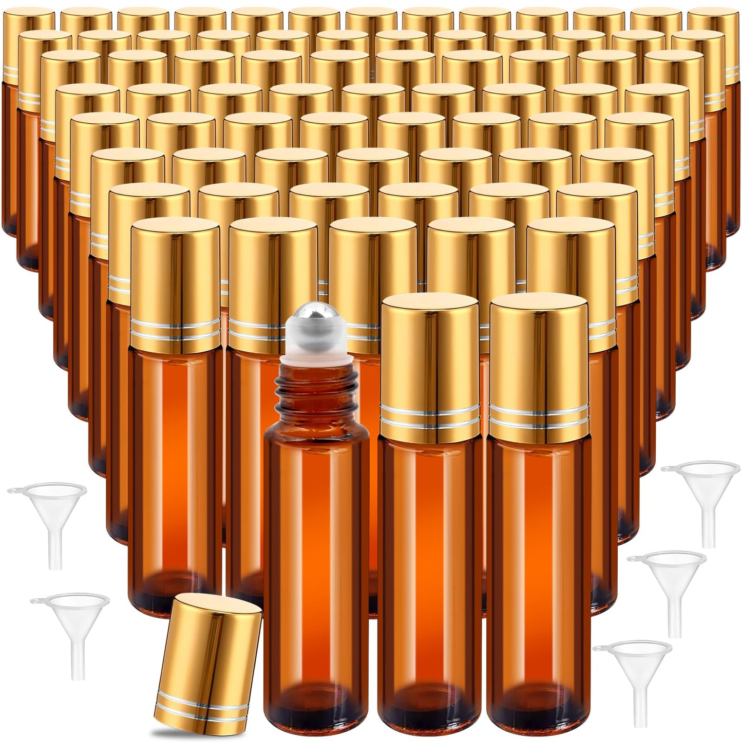 50 Pack Essential Oil Roller Bottles,10ml Glass Roll on Bottles with Funnels, Stainless Steel Roller Balls Bottle Refillable Empty Roll on Perfume Bottle for Travel(Amber)