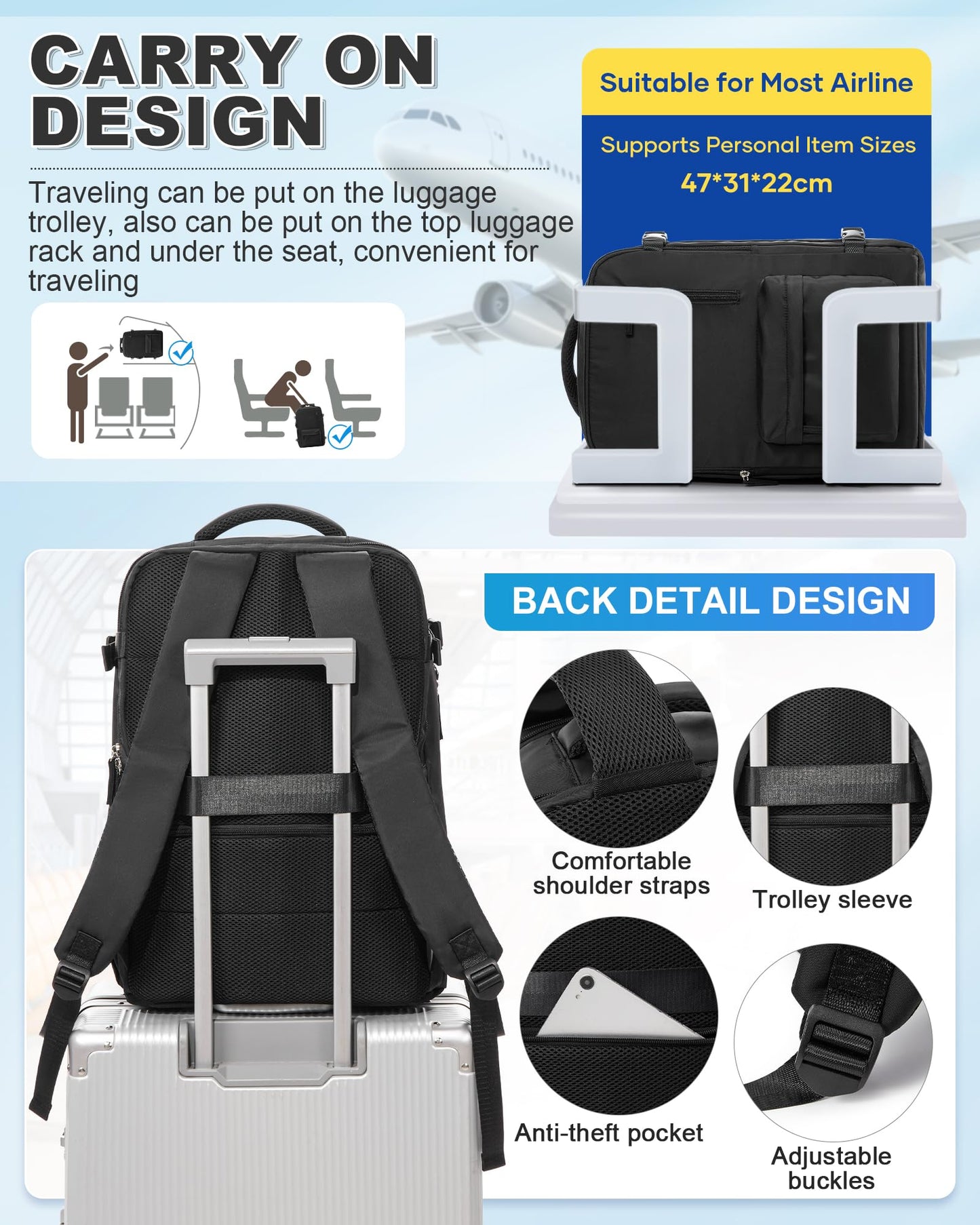 VGCUB Vacuum Backpack Travel with Pump Compression Travel Backpack with Vacuum System Weekender Personal Item Bags for Women Men Carry on Luggage for Airplanes Waterproof Black