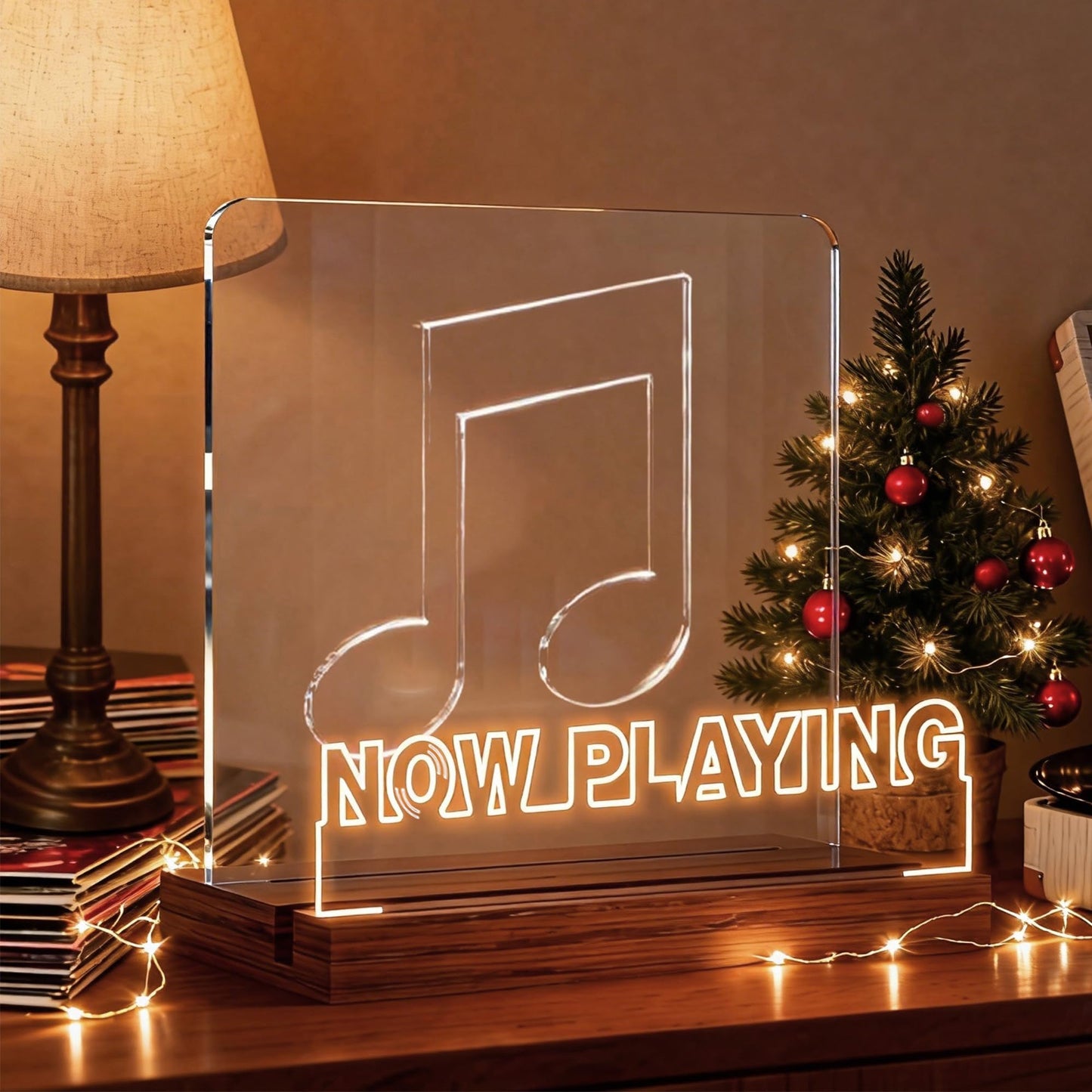 Rodioer Now Playing Vinyl Record Stand with Adjustable Brightness, 5mm Acrylic & Wood Base Desktop Holder for 12" Vinyls, Gift for Music Lovers