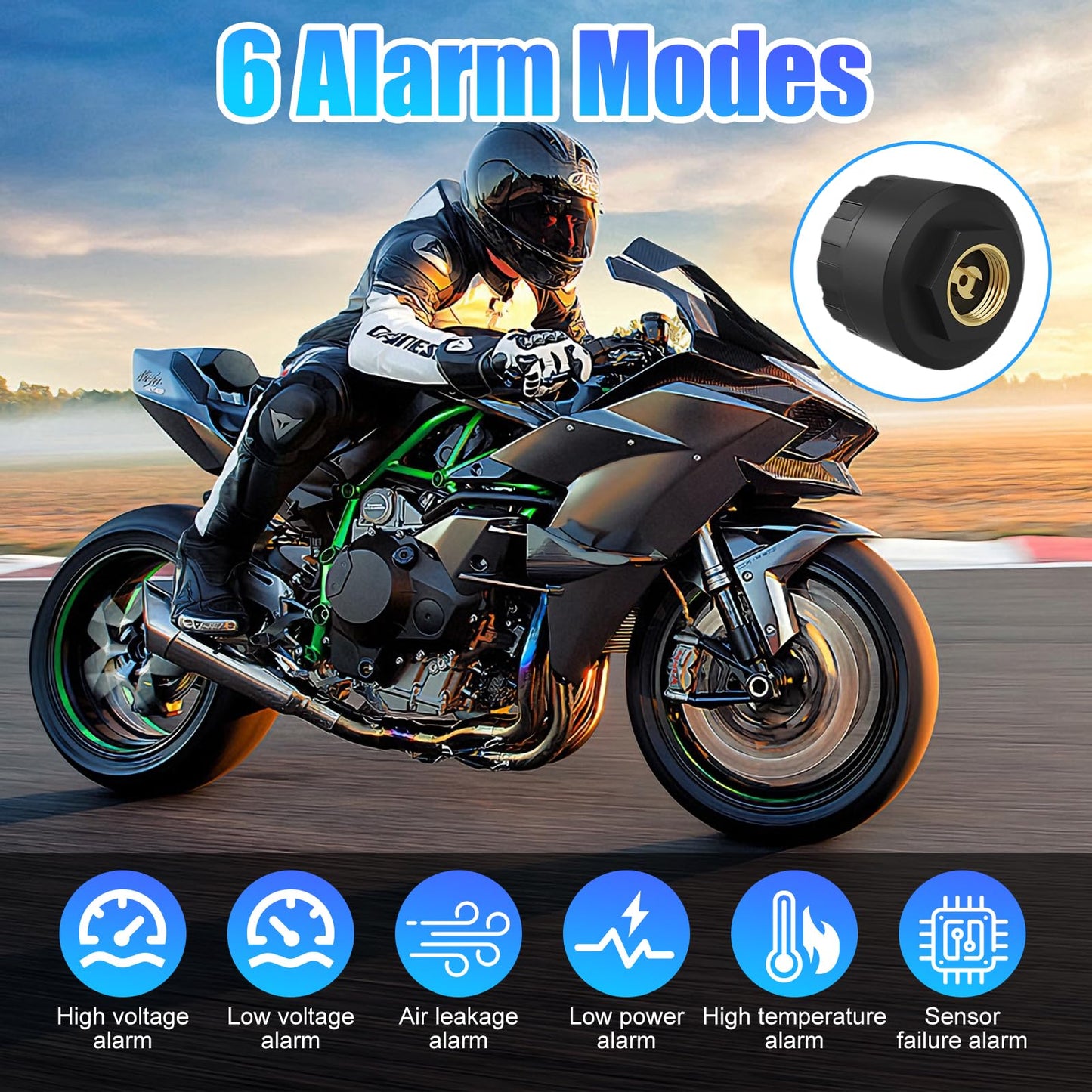 3T6B Wireless Tire Pressure Monitoring System with 2 TPMS External Sensors for Motorcycle & Bicycle, Real-time Tire Pressure and Temperature Alarm, Supports iOS & Android