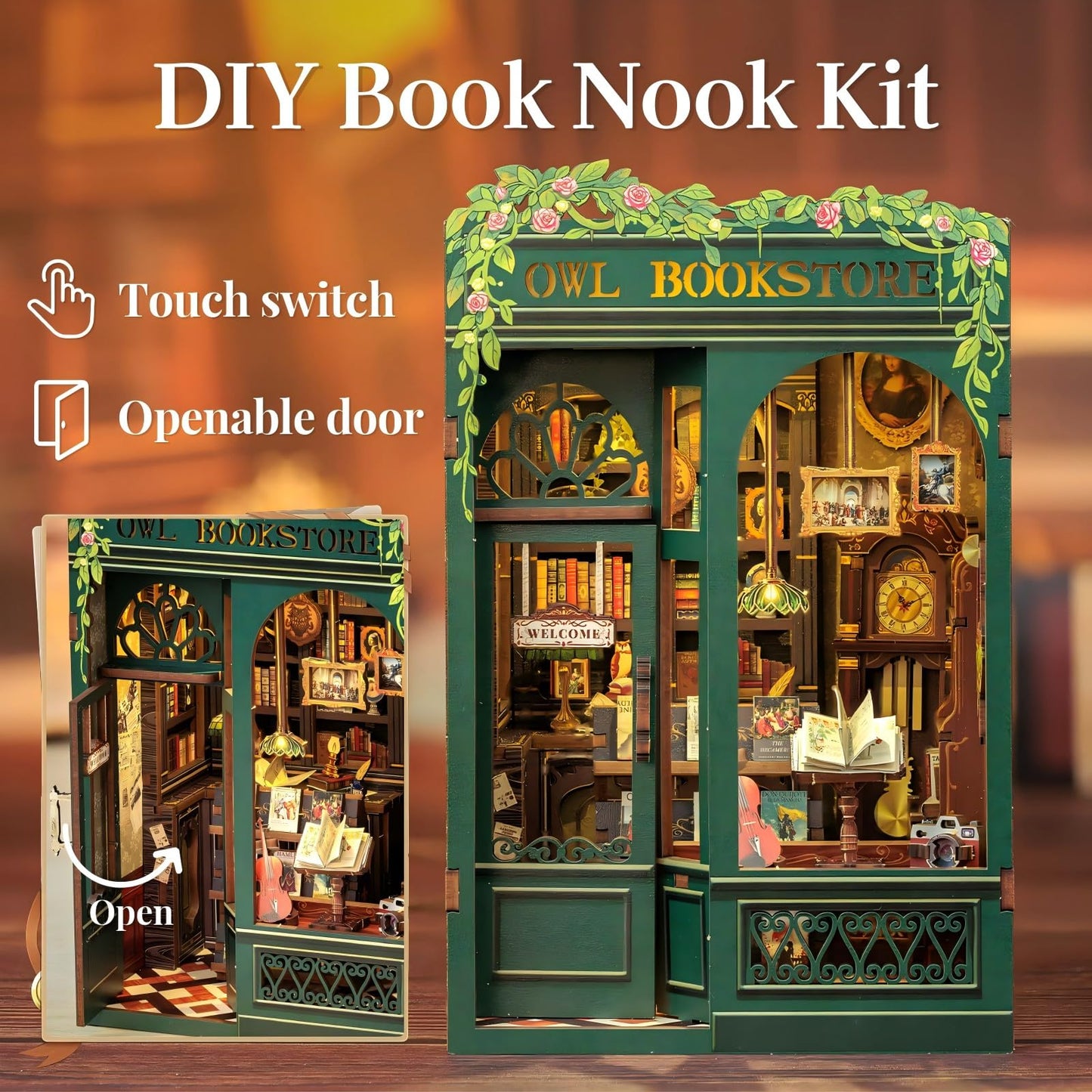 Fsolis Book Nook Kit, DIY Miniature House Kit for Adults Tiny House Mini Bookshelf Diorama Building Kit 3D Wooden Puzzle for Adults Bookish Gifts for Women Book Lovers Readers (OWL Bookstore)