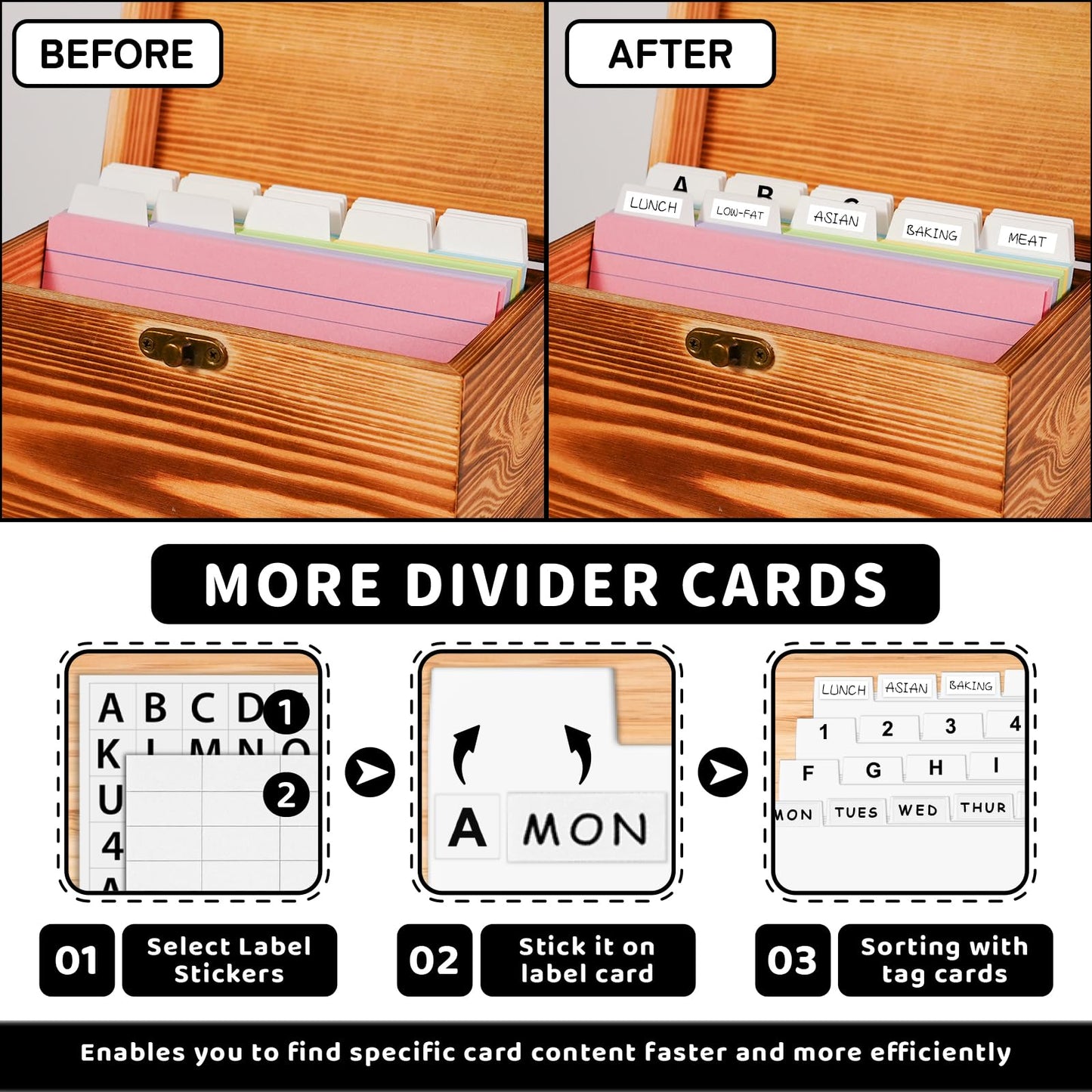 MOBYKE Index Card Holder 4x6, wooden Origanizer Recipe Box with 100 PCS Flash cards, 30 White Dividers, 1 Blank Sticker and 1 Letter Sticker, Flashcard Notecard Holders for Home Office