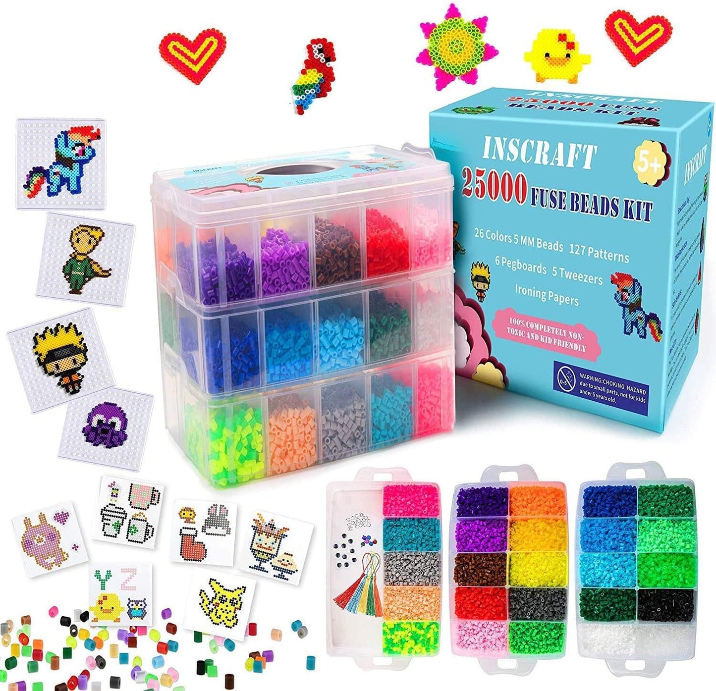 25,000 pcs Fuse Beads Kit 26 Colors 5MM, Including 127 Patterns, 4 Big Square, 1 Heart Pegboards, 1 Flower Ironing Paper, Tweezers, Beads Compatible by INSCRAFT