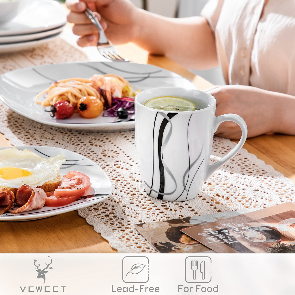 VEWEET Ceramic Coffee Mugs Set of 6, 11 OZ Coffee Mugs with Handle, White Mugs Set Porcelain Tea Mugs Set, Microwave Dishwasher Safe, Series Fiona