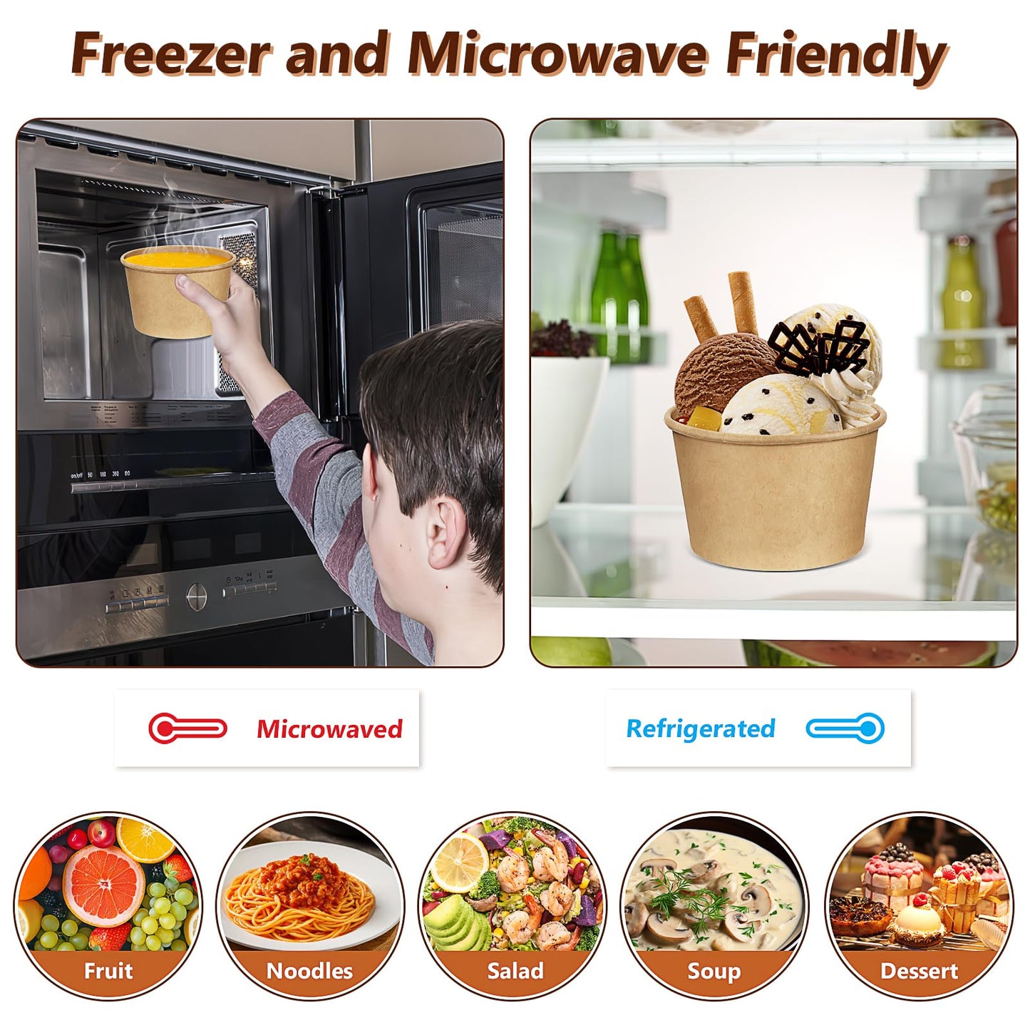 100 Pack 8 oz Paper Soup Containers with Vented Lids, Disposable Kraft Paper Food Containers to Go Hot Soup Bowls Ice Cream Cup Dessert Cup for Restaurants (Kraft)