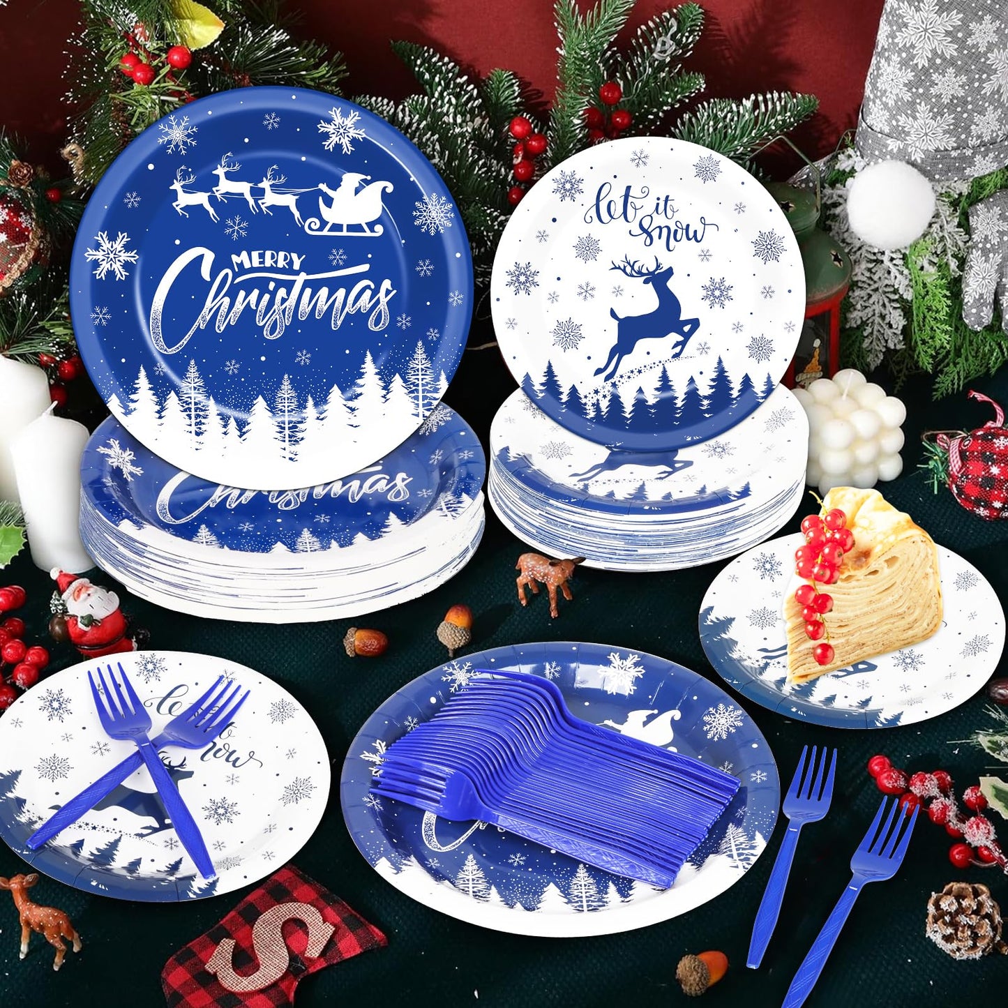 200Pcs Christmas Plates and Napkins Blue Merry Christmas Tableware Set Let it Snow Reindeer Snowflakes Dinnerware Set for Xmas Party Decorations Winter Holiday Birthday Party Serve 50 Guests