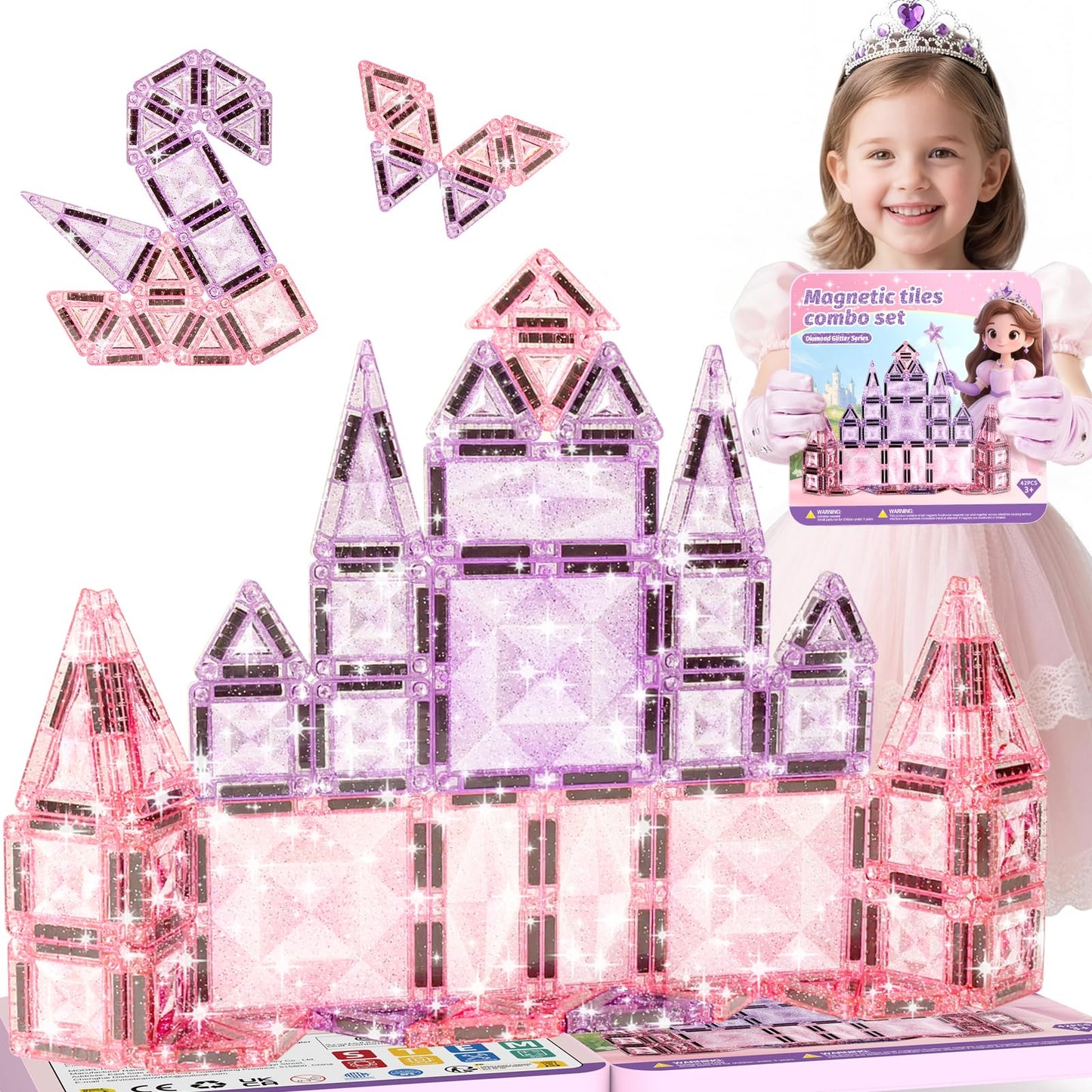 burgkidz Princess Magnetic Tiles for Girls Ages 3-8 – 42PCS Sparkling Pink & Purple Glitter Tiles with Storage Tin, Dual Size Standard Compatible STEM Toys, Travel Friendly Birthday Gift