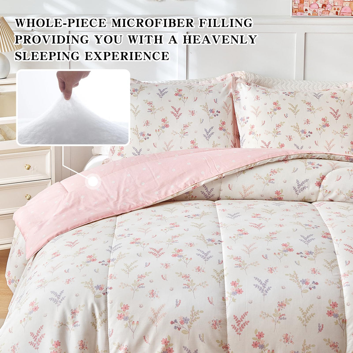 Joyreap 3pcs Cotton Comforter Set for Girls, Pink Floral Design, Twin Size Soft n Cozy Bedding Comforter Set for All Season- 68x88 inches