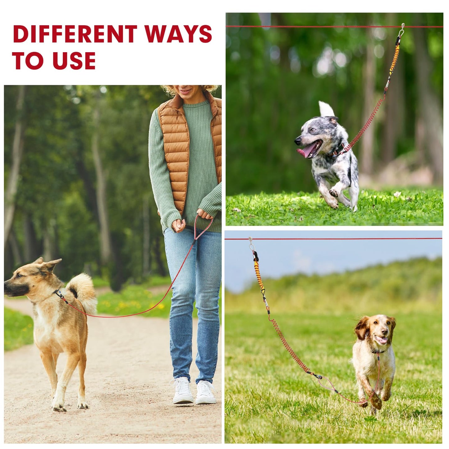 Dog Runner for Yard,Anti-Shock Dog Trolley System 50/75/100/150/200FT,Heavy-Duty Aerial Dog Run Cable with Bungee for Dogs up to 300lbs,Outside Dog Zip line for Backyard,Camping, Park (Red, 200FT)
