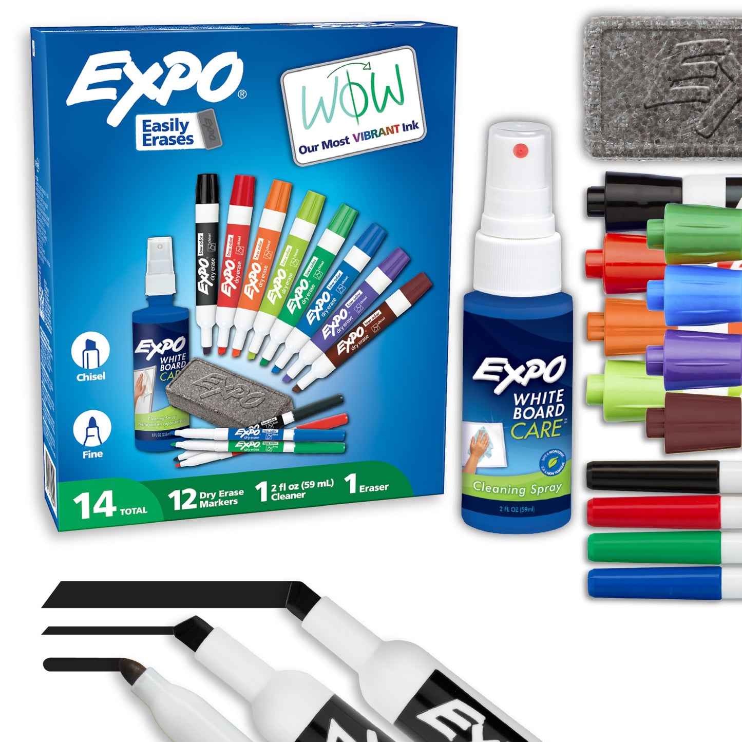 EXPO Dry Erase Markers Kit, Fine and Chisel Tip Markers, Assorted Colours, Eraser, Spray Cleaner, 14 Count
