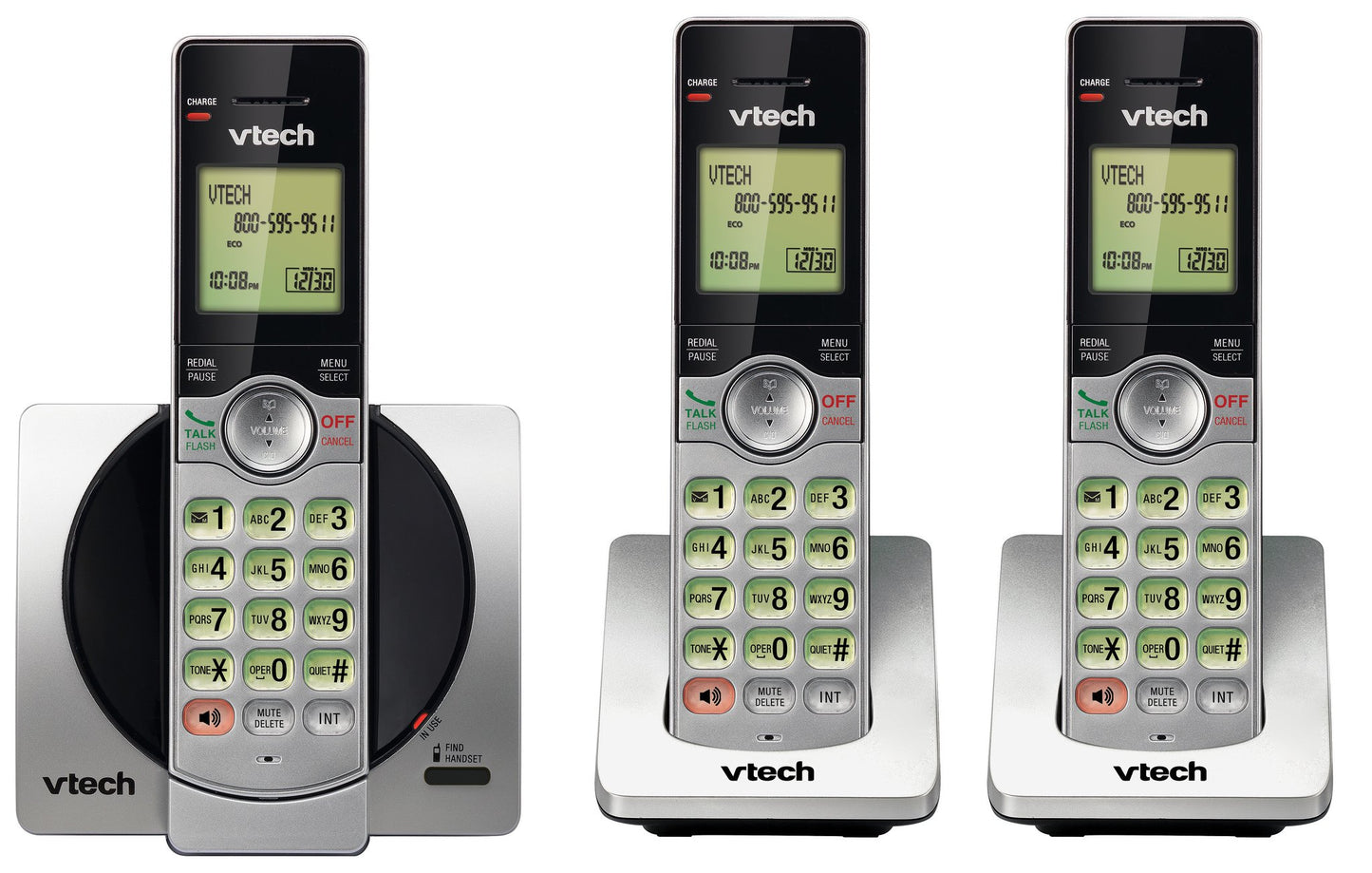 VTech DECT 6.0 Three Handset Cordless Phone with CID, Backlit Keypads and Screens, Full Duplex Handset Speakerphones, Call Block, (Not Answering Machine Version) Silver/Black