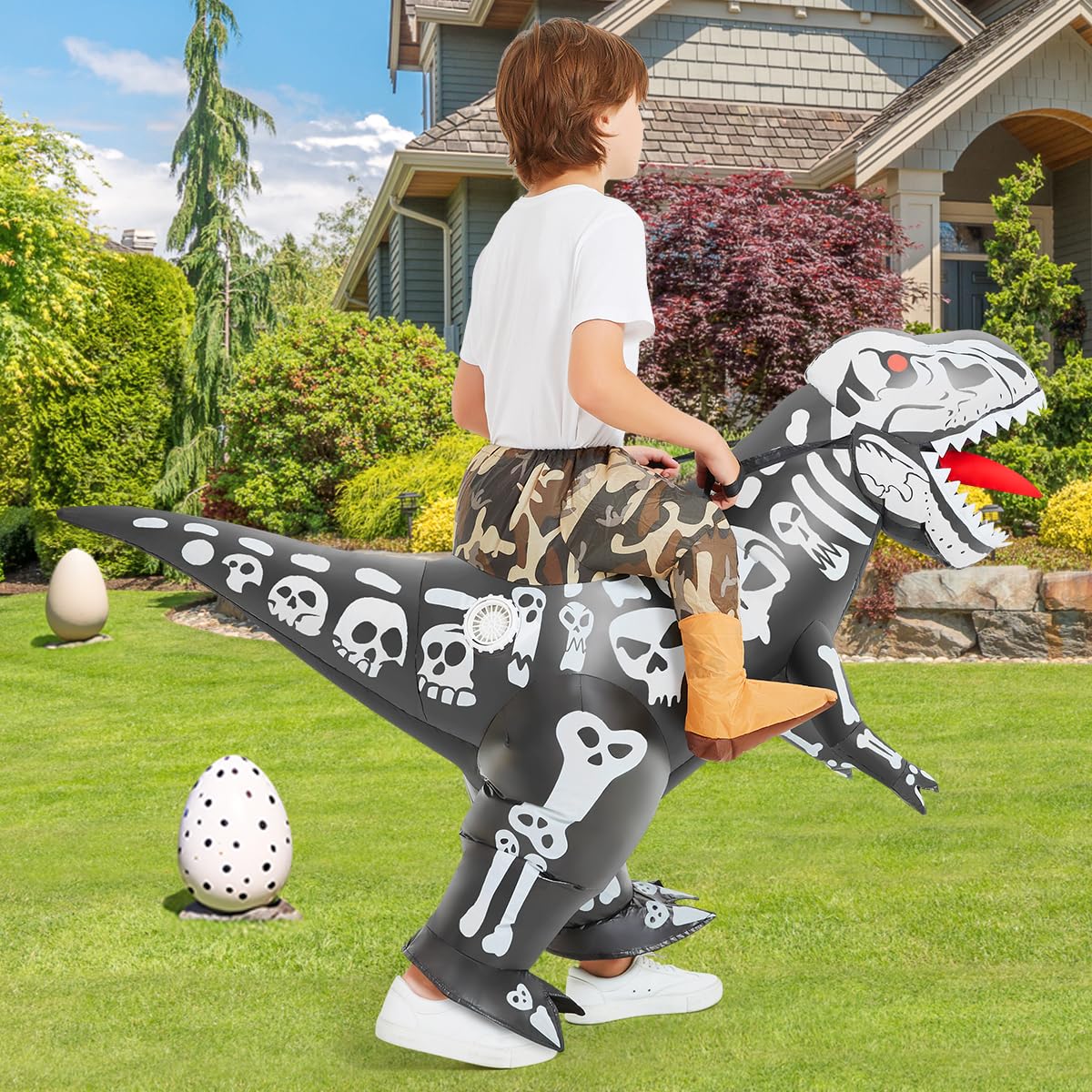 COMIN Inflatable Dinosaur Costume Kids Ride-on Inflatables Blow Up Dino Costume Skeleton Funny Dress for Halloween Party