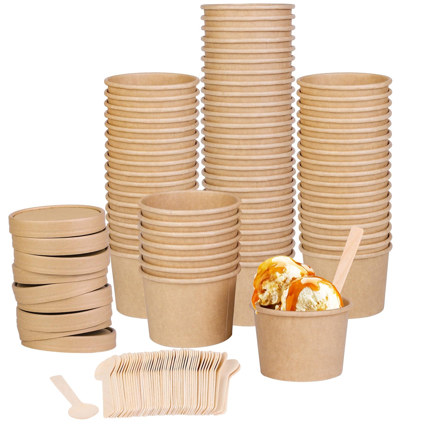 Ruisita 50 Pack Heavy Duty Soup Containers with Lids Ice Cream Bowls with Lids and Spoons 8 Ounces Disposable Soup Bowls Ice Cream Sundae Cups Kraft Paper Cups with Lids Soup Containers To Go, Brown