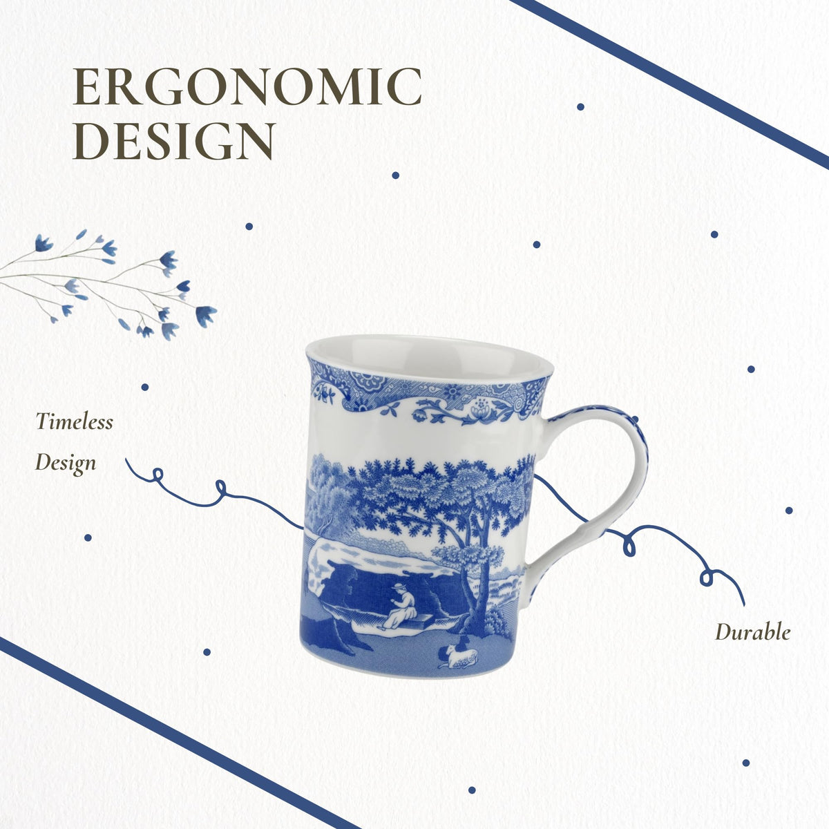 Spode Blue Italian Large Mugs | Set of 4 | 340ml / 12-Ounces | Cup for Coffee, Tea, and Other Beverages | Blue/White | Made of Porcelain | Dishwasher Safe