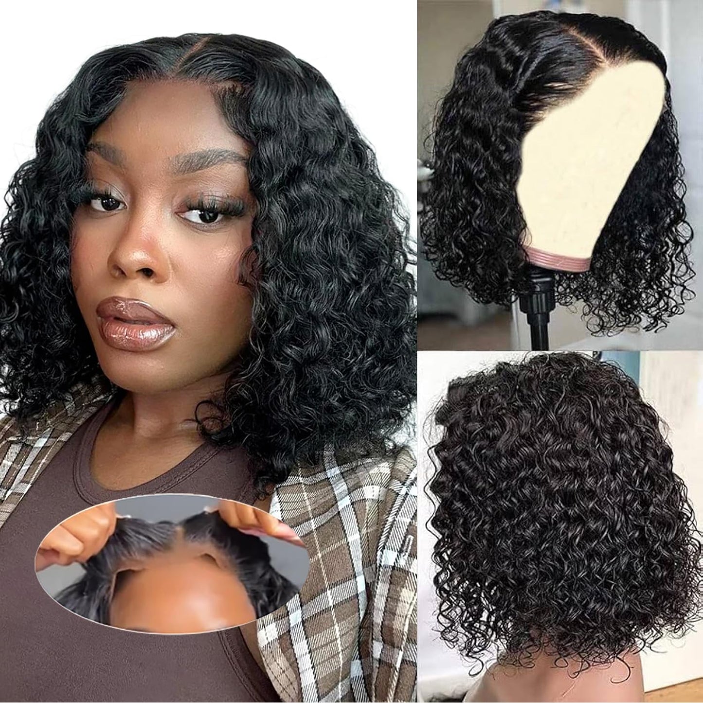 Wear and Go Glueless Wigs Human Hair Pre Plucked Pre Cut Deep Wave Curly Bob Wig Lace Front Wigs for Black Women Human Hair 180% Density 4x4 Lace Closure Glueless Bob Wigs Human Hair 14 Inch