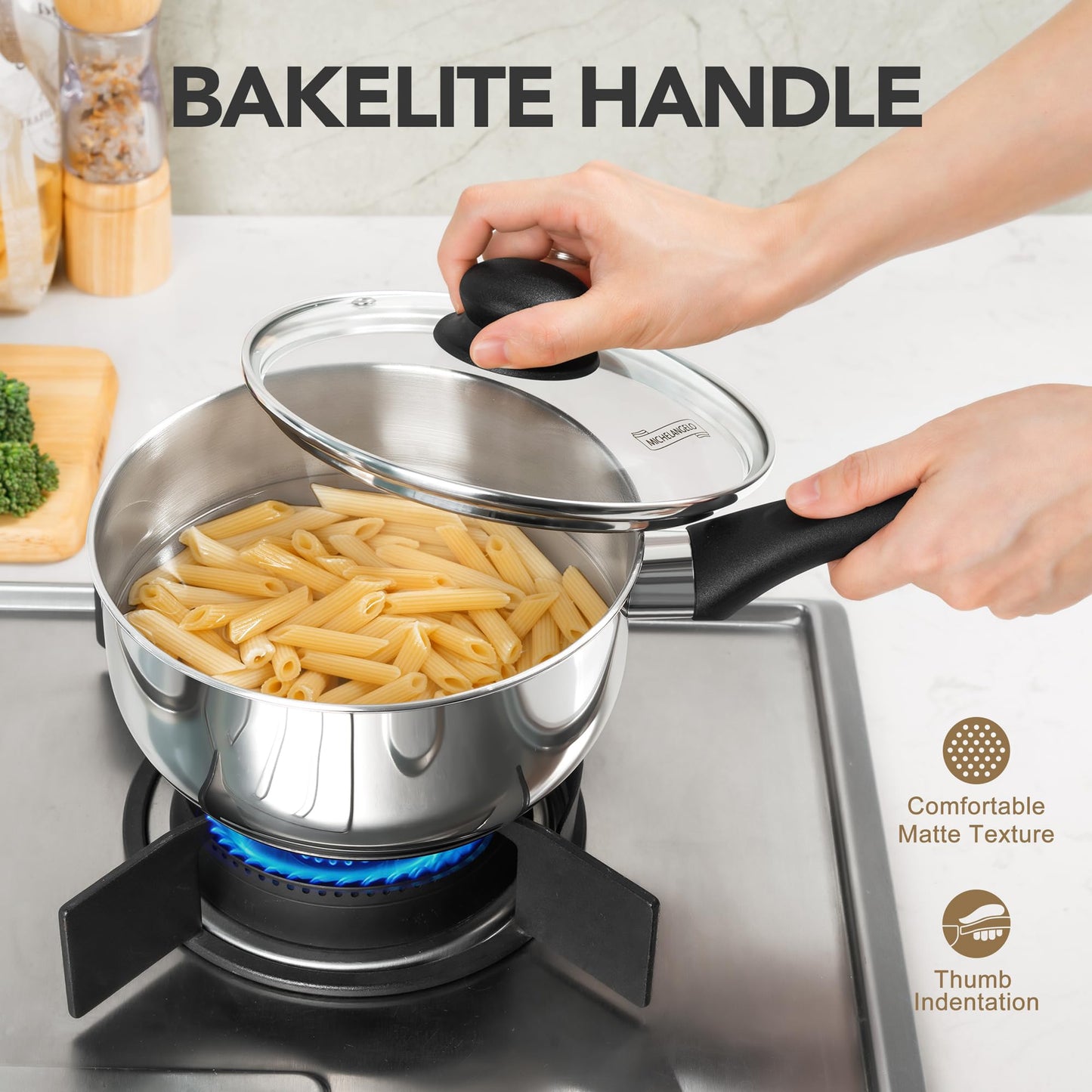 MICHELANGELO Stainless Steel Saucepan with Lid 6pcs, Triple Base Stainless Steel Pot Set, Saucepan Set with Bakelite Handle - 1QT & 2QT & 3QT