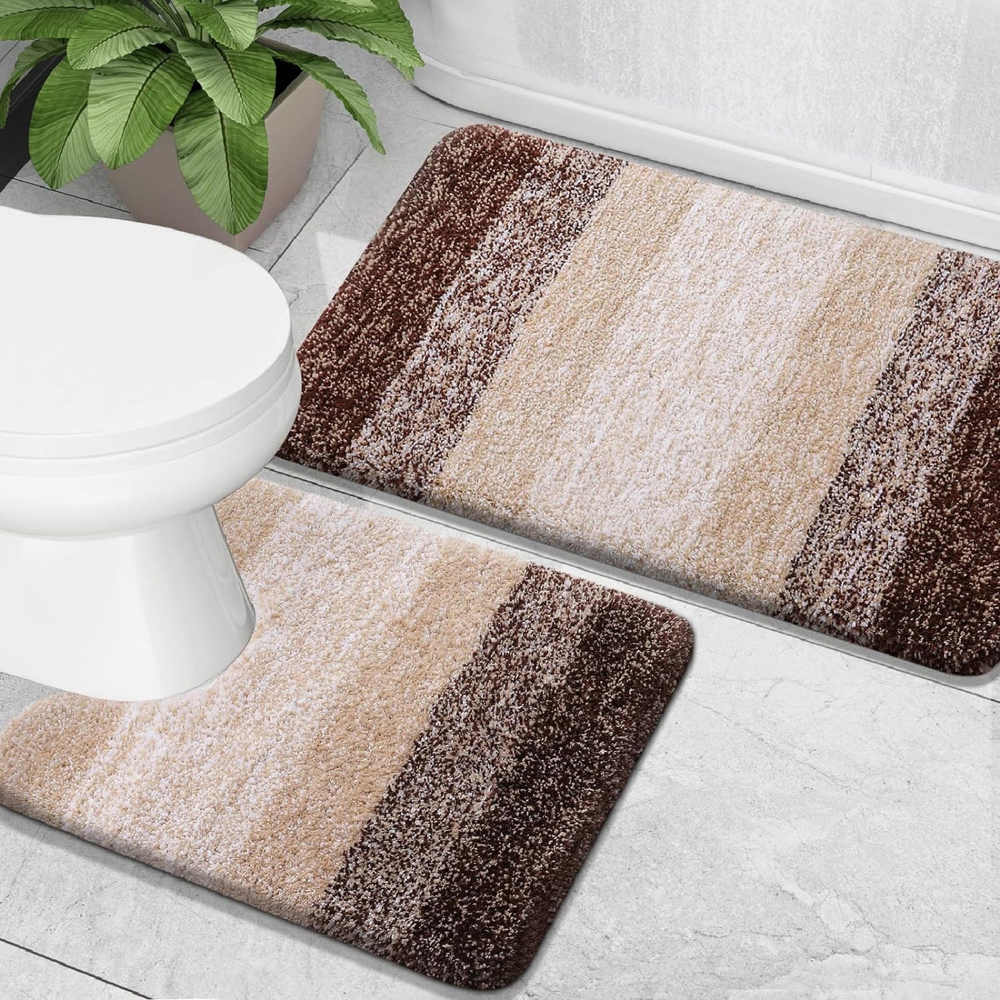 OLANLY Luxury Bathroom Mat Set 2 Piece, Soft Microfiber Absorbent Bath Mat and U-Shaped Contour Toilet Mat, Non-Slip Bathroom Rug Set, Machine Wash, Bath Mats for Bathroom, (24"x16"+24"x20", Brown)