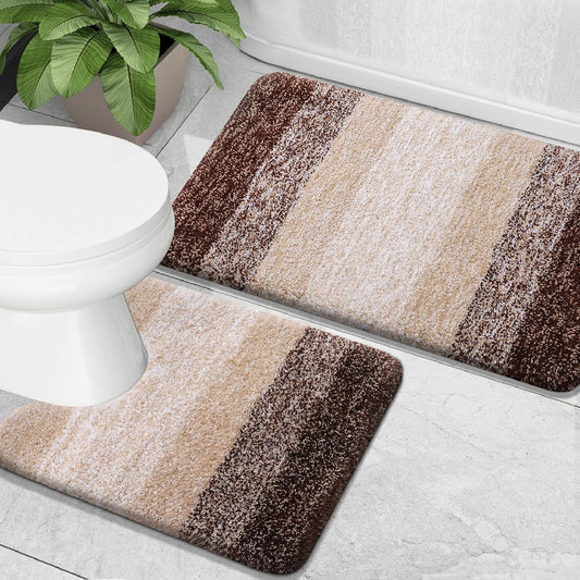 OLANLY Luxury Bathroom Mat Set 2 Piece, Soft Microfiber Absorbent Bath Mat and U-Shaped Contour Toilet Mat, Non-Slip Bathroom Rug Set, Machine Wash, Bath Mats for Bathroom, (24"x16"+24"x20", Brown)