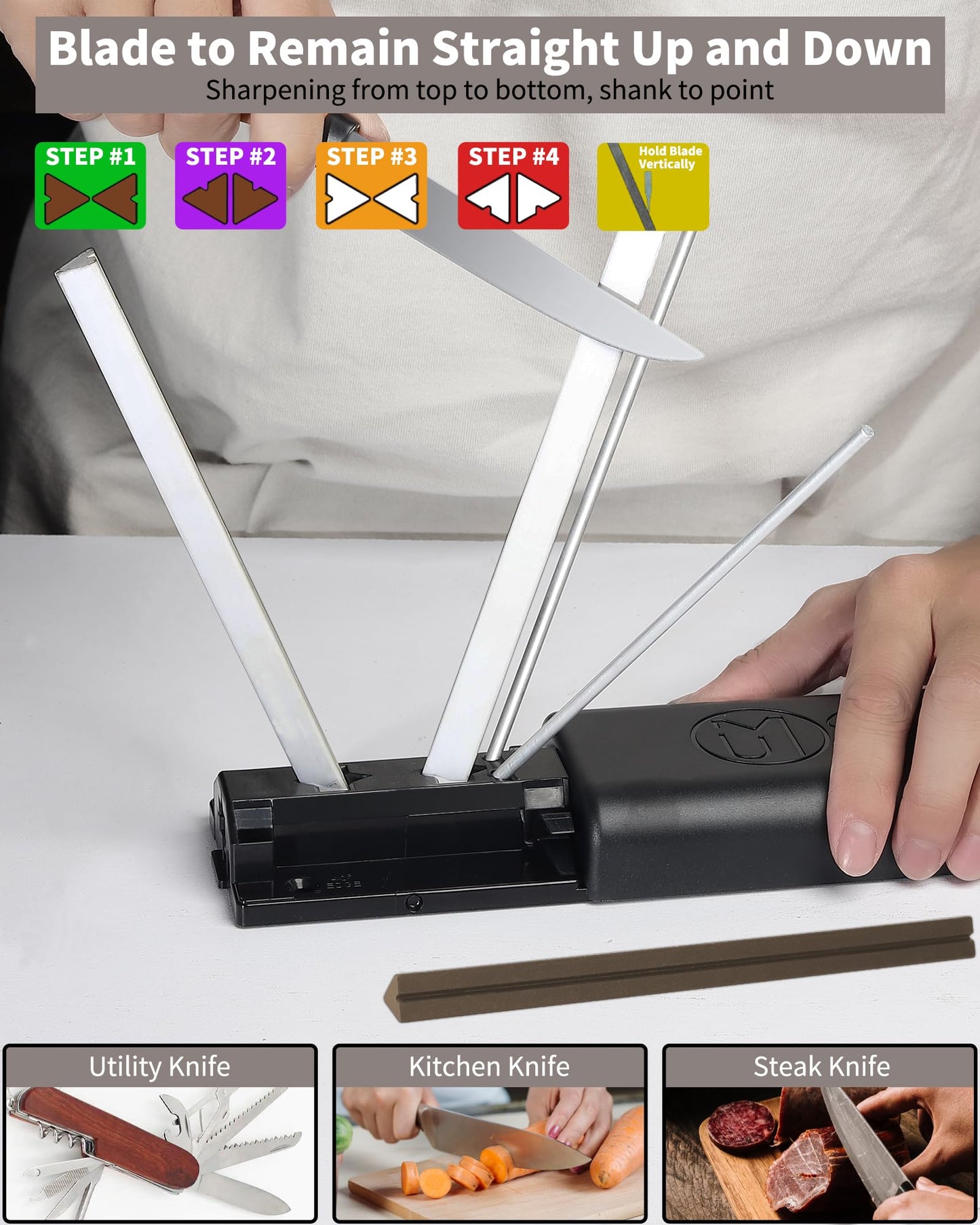 Tri-Angle Knife Sharpener with Safety Rods, Premium Alumina Ceramic Stones, Sharpener Rods for Quickly Repairing and Polishing Straight for Kitchen Knives, Scissors, and Razors