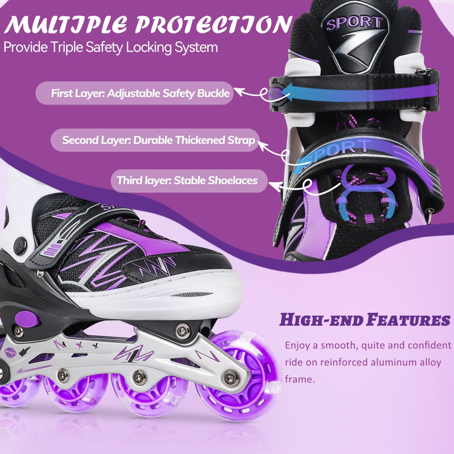 Adjustable Kids Inline Skates for Girls Boys Children Beginners, Black & Purple Inline Skates with Light Up Wheels for Kids and Youth for Sports (Medium)