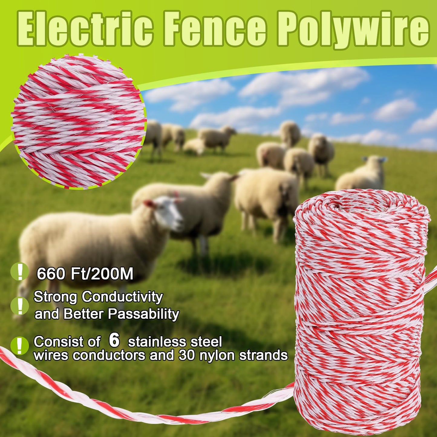 Electric Fence Polywire 660 Feet with 50 Pcs Electric Fence Insulator, High Conductivity Weatherproof 6 Steel Strands Electric Fence Wire & Insulator Socket Tool for Cattle, Horses, Sheep