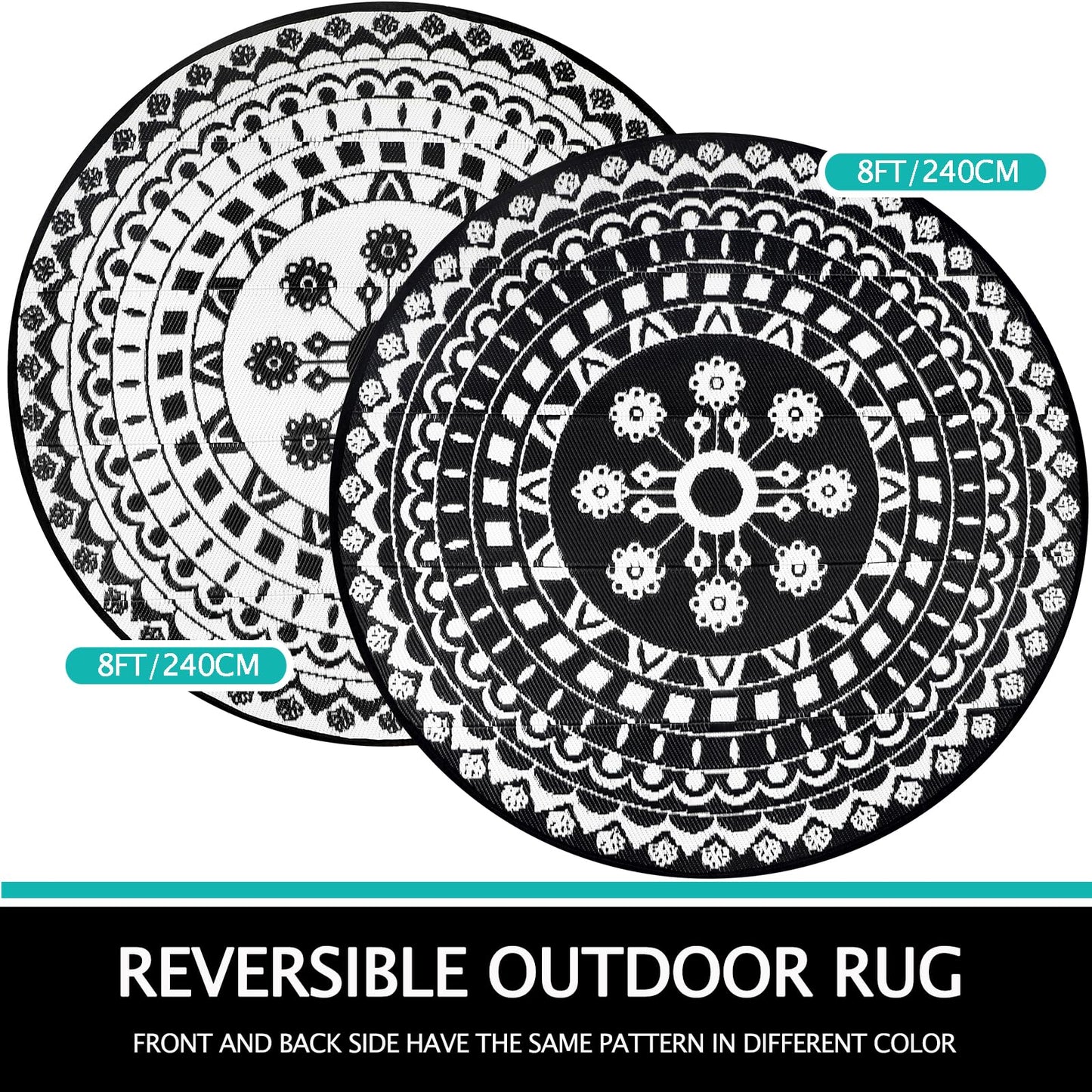 Capslpad Round Outdoor Rug for Patio 8' Reversible Mat Waterproof Plastic Straw Rug Boho Round Indoor Outdoor Area Rug for RV,Backyard,Balcony,Deck,Tent,Picnic,Beach,Camping