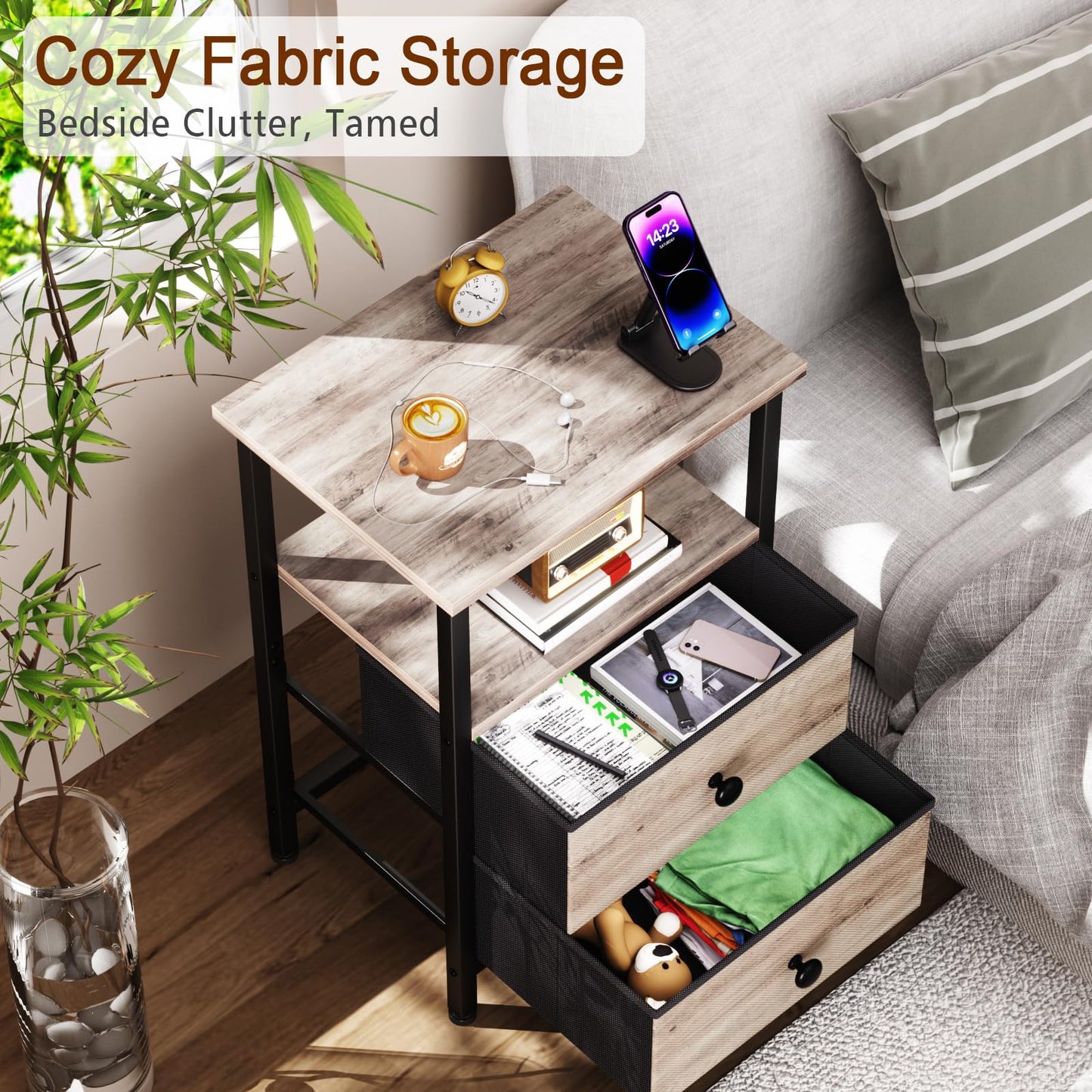 LOAKEKEL Night Stand, Bed Side Table with 2 Fabric Drawer for Living Room, Nightstand with Large Storage Space, End Table with Shelf for Bedroom, Grey, HETS002GY-1
