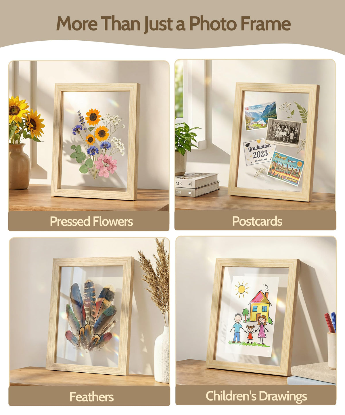 Sonefreiy Floating Picture Frames 8x10 Set of 2, Wooden Photo Frame Double Glass Pressed Flower Frames 5x7 Wall & Tabletop Display Photo or Postcard, Christmas Gifts, Gift for Wedding Family Friends