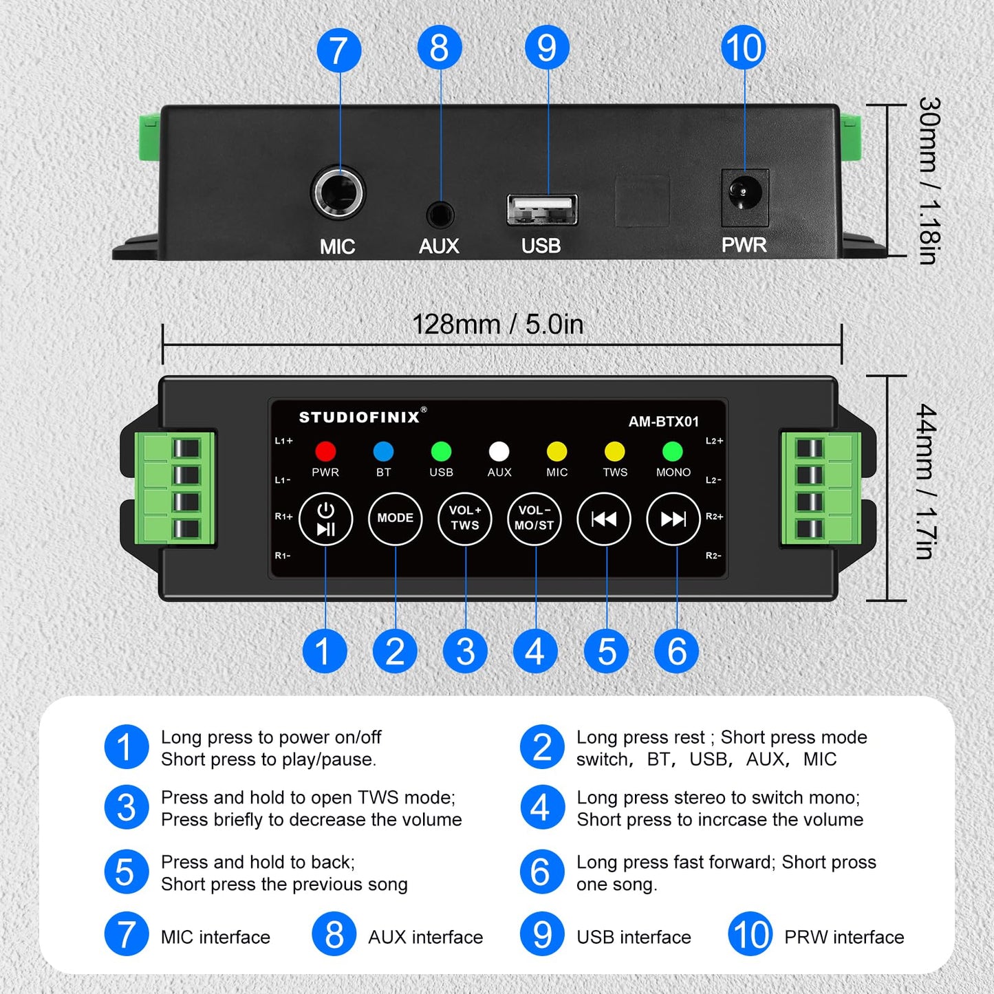 STUODIOFINIX 4-Channel Mini Bluetooth Amplifier 120w for Passive Speakers with TWS,AUX,MIC,USB,Replacement Part,Suitable for Wall/Ceiling/Marine/Bookshelf Speakers