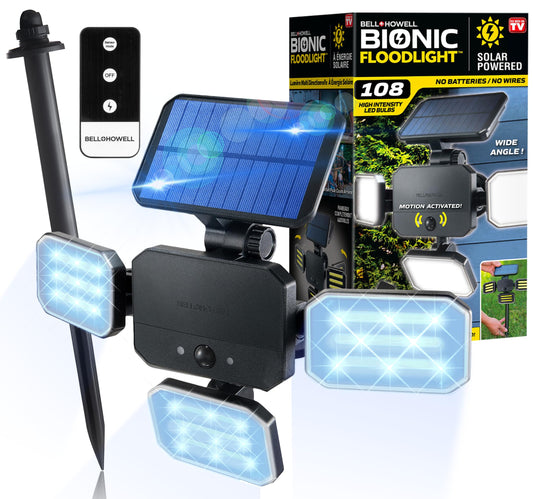 Bionic Floodlight 180 Degrees Swiveling Light by Bell+Howell Solar Lights Outdoor with Motion Sensor LED Solar Outdoor Lights 108 High Power LED Bulbs Adjustable Panels for Garden Patio As Seen On TV