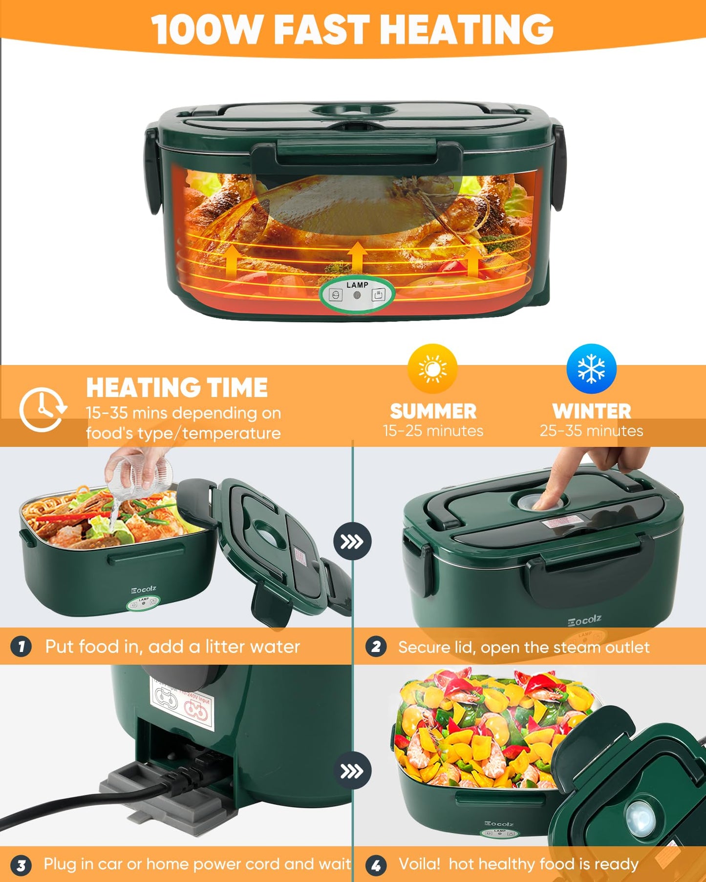 Electric Lunch Box Food Heater - 100W Fast Heating Lunch Box 12V/24V/110-230V Warming Lunchbox, Dual 1.5L Containers, Portable Food Warmer for Car/Truck/Travel, with Spork & Insulated Carry Bag