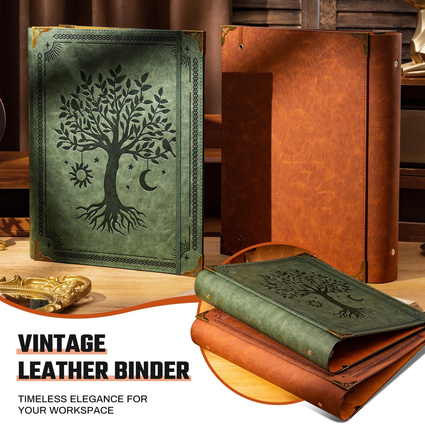 Ovesmusl Leather 3 Ring Binder Fits 8.5"x11" Letter Size Paper, 2 Inch Round Ring Binder Holds 500 Sheets, Notepad Paper Cover Loose Leaf Organizer, Green Tree