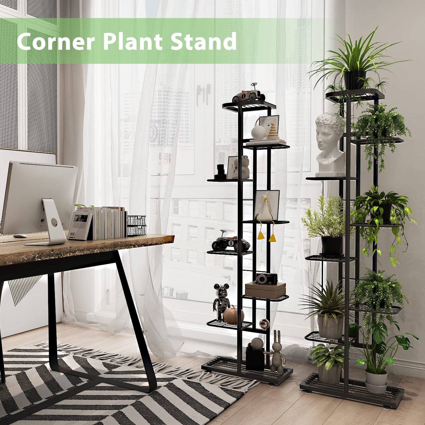 8 Tier 9 Potted Plant Stand Indoor, Black Tall Metal Corner Plant Shelf Organizer Outdoor Multiple Flower Pot Holder Display Rack for Patio Garden Balcony Living Room