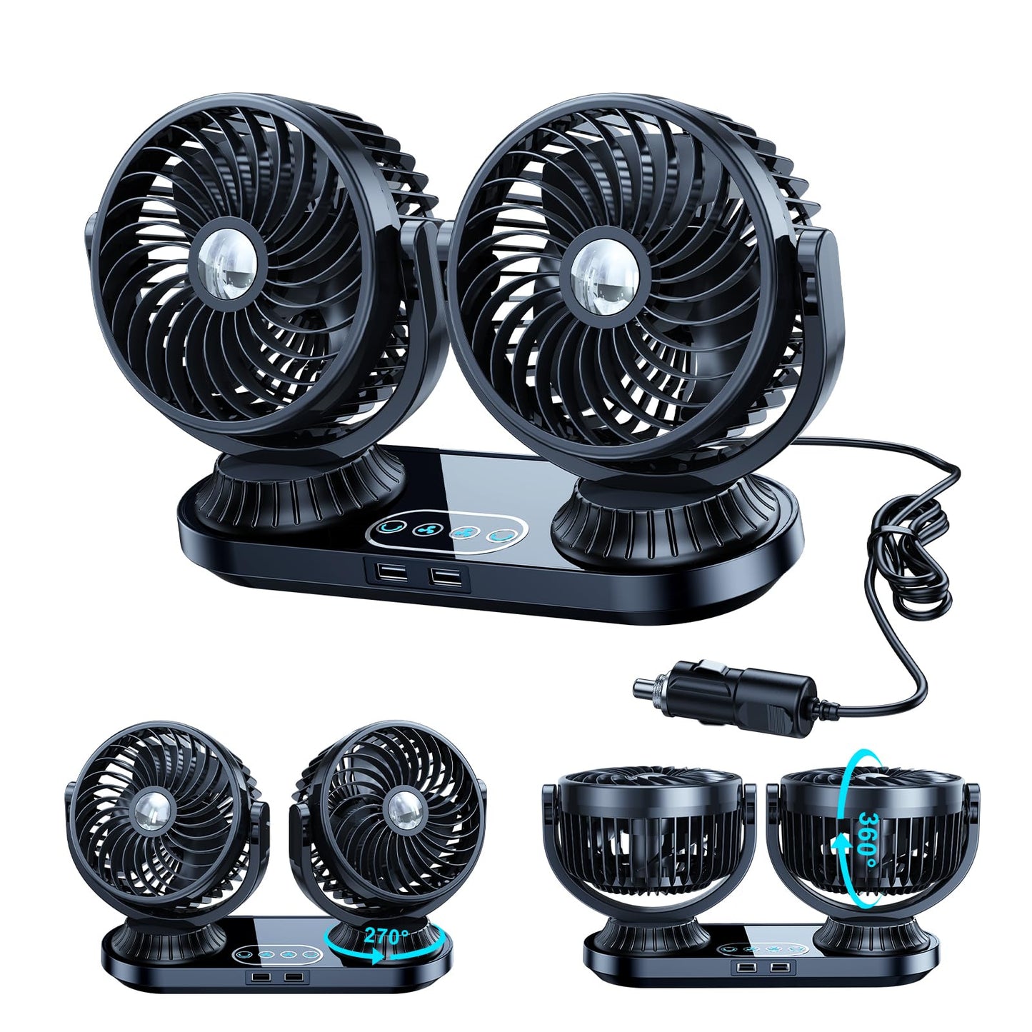 DICMKY Dual Head Auto Oscillating Car Cooling Fan for Dashboard, DC 12V / 24V Cigarette Lighter Plug Car Fans That Blow Cold Air Cooler for Vehicles Sedan SUV Rv Van Truck Utv Tractor Cab Without AC