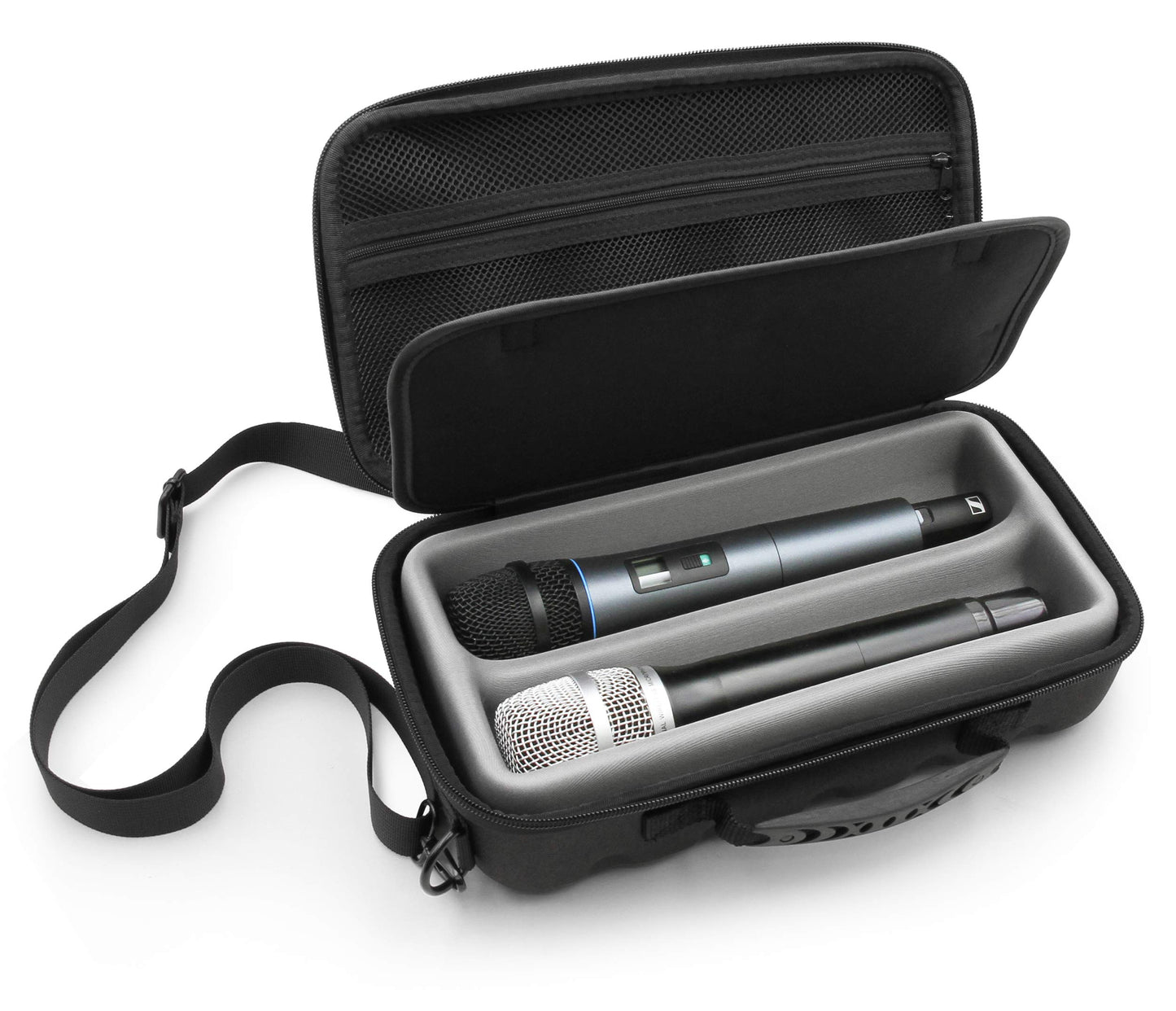 CASEMATIX Two Wireless Microphone Case Compatible with Wireless Mic System Handheld Microphones Sennhesier, Shure and More, Dual Mic Bag with Shoulder Strap and Hard Shell Exterior