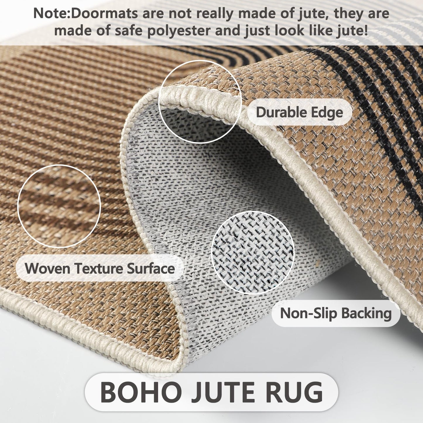 Capslpad Indoor Doormat 35"x59", Non-Slip Absorbent Dirt Resist Front Back Door Mat, Modern Easy Jute Entrance Door Mat, Washable Inside Floor Area Rug for Entryway Living Room Bedroom, Brown&Black
