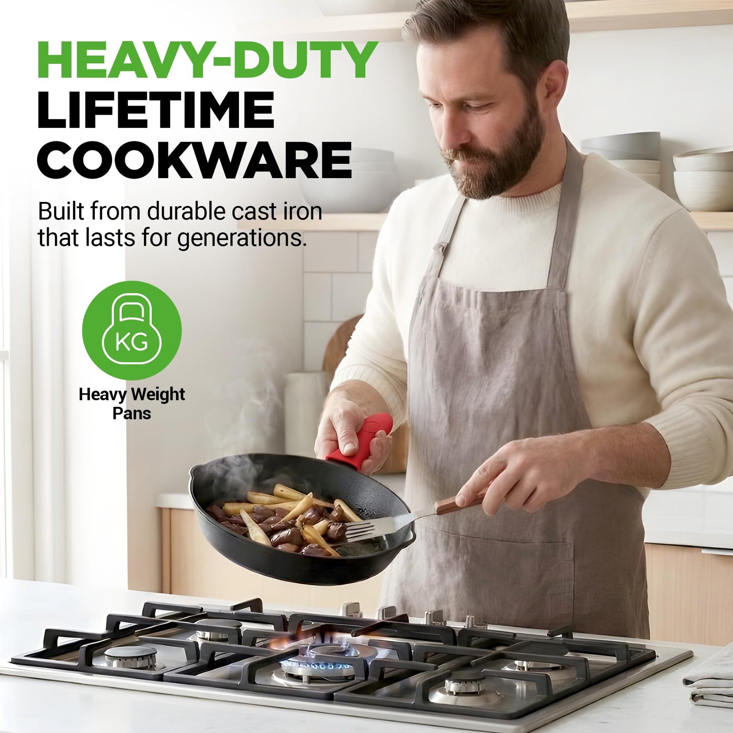 NutriChef 3pc Cast Iron Skillet Set - Nonstick Pans with Drip Spout, Silicone Handles, for All Cooktops
