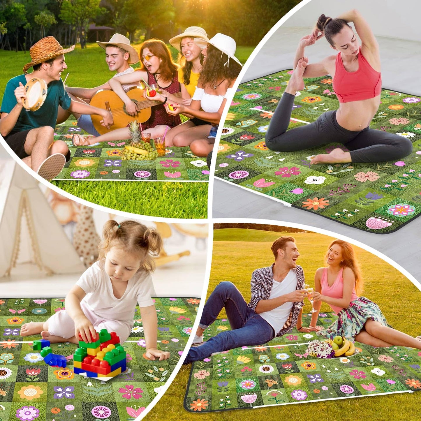 Floral Picnic Blanket 60"X80" Waterproof Foldable Large Outdoor Picnic Quilted Blanket Bag 2 in 1 Camping Flowers Machine Washable Picnic Mat Sandproof Backing Blanket for Grass Hiking Beach