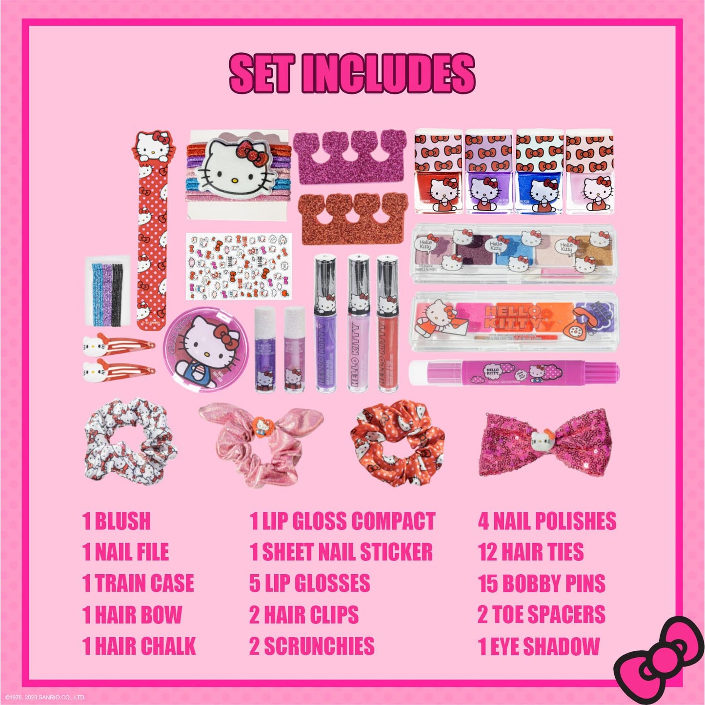 Hello Kitty Train Case Cosmetic Makeup Set Includes Lip Gloss, Eye Shimmer, Nail Polish, Hair Accessories & More! For Girls, Ages 6+ Perfect for Parties & Makeovers, by Townley Girl