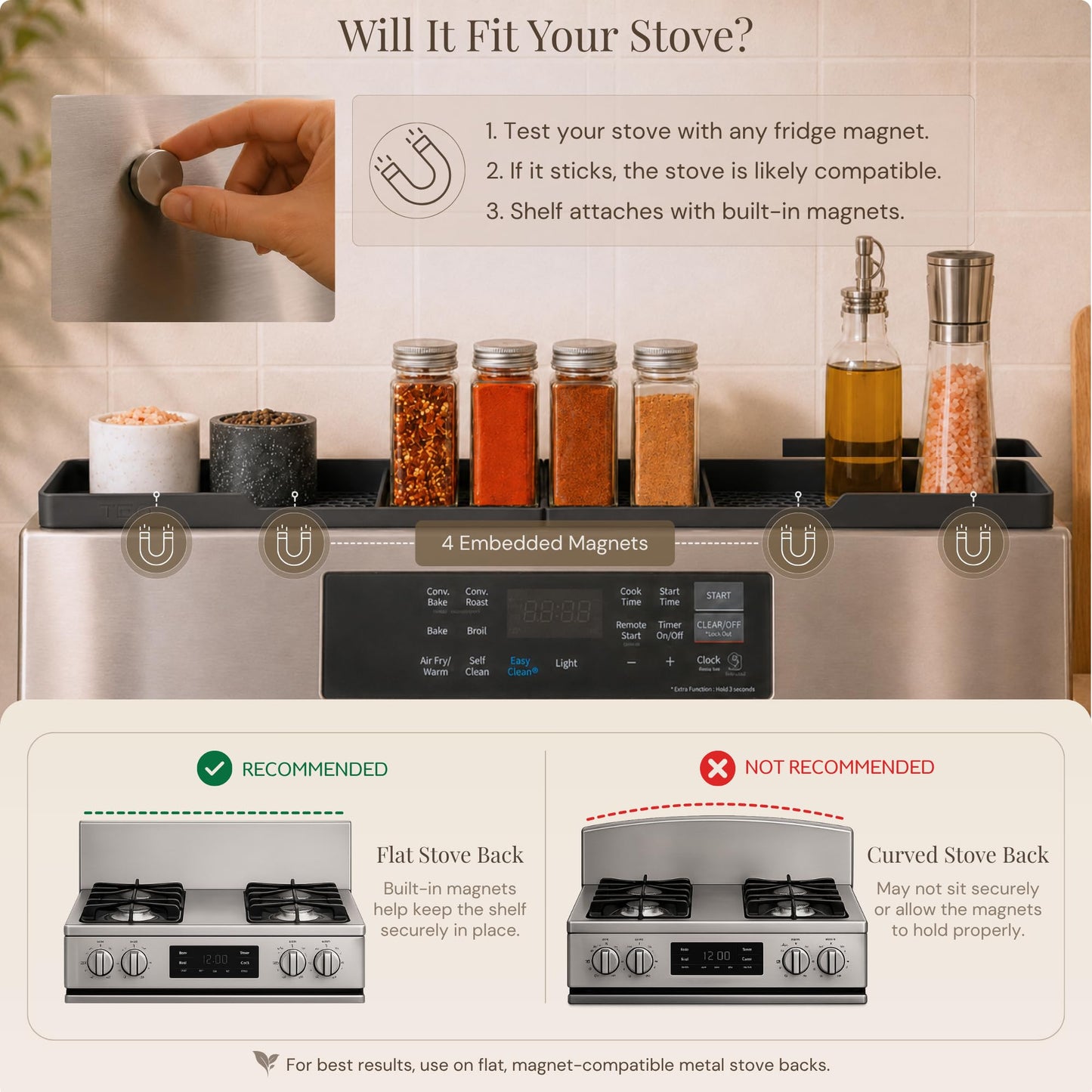 TEO Magnetic Stove Top Shelf - 30 Inch Silicone Over the Stove Spice Rack for Kitchen Gadgets Storage Organization, Heat-Resistant, No Installation, Dishwasher Safe, Over Oven Shelf Black