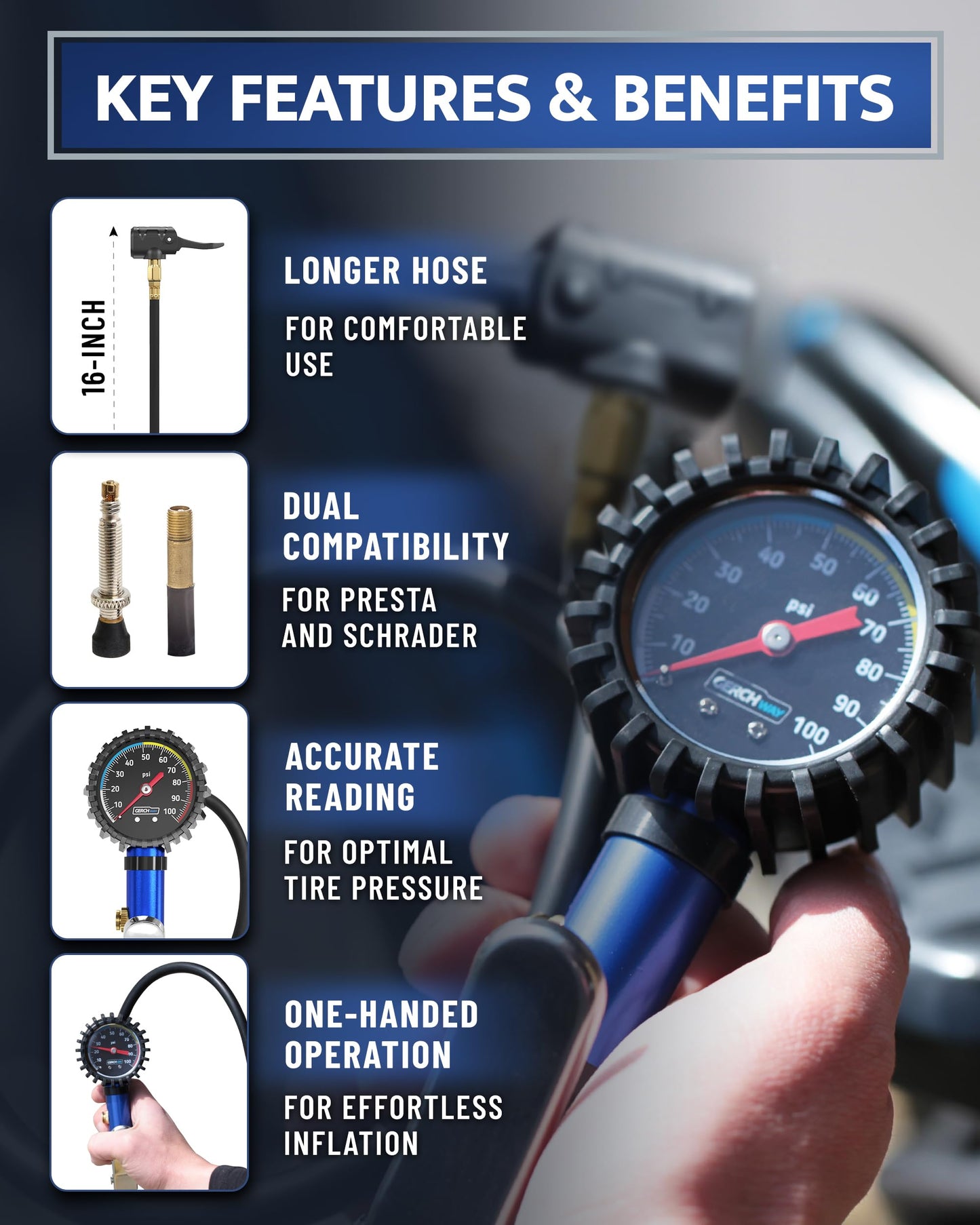 Presta Valve Adapter Pump with Removable Schrader to Presta Valve Air Chuck – Accurate Bike Tire Inflator & Pressure Gauge for Air Compressor, 100 PSI