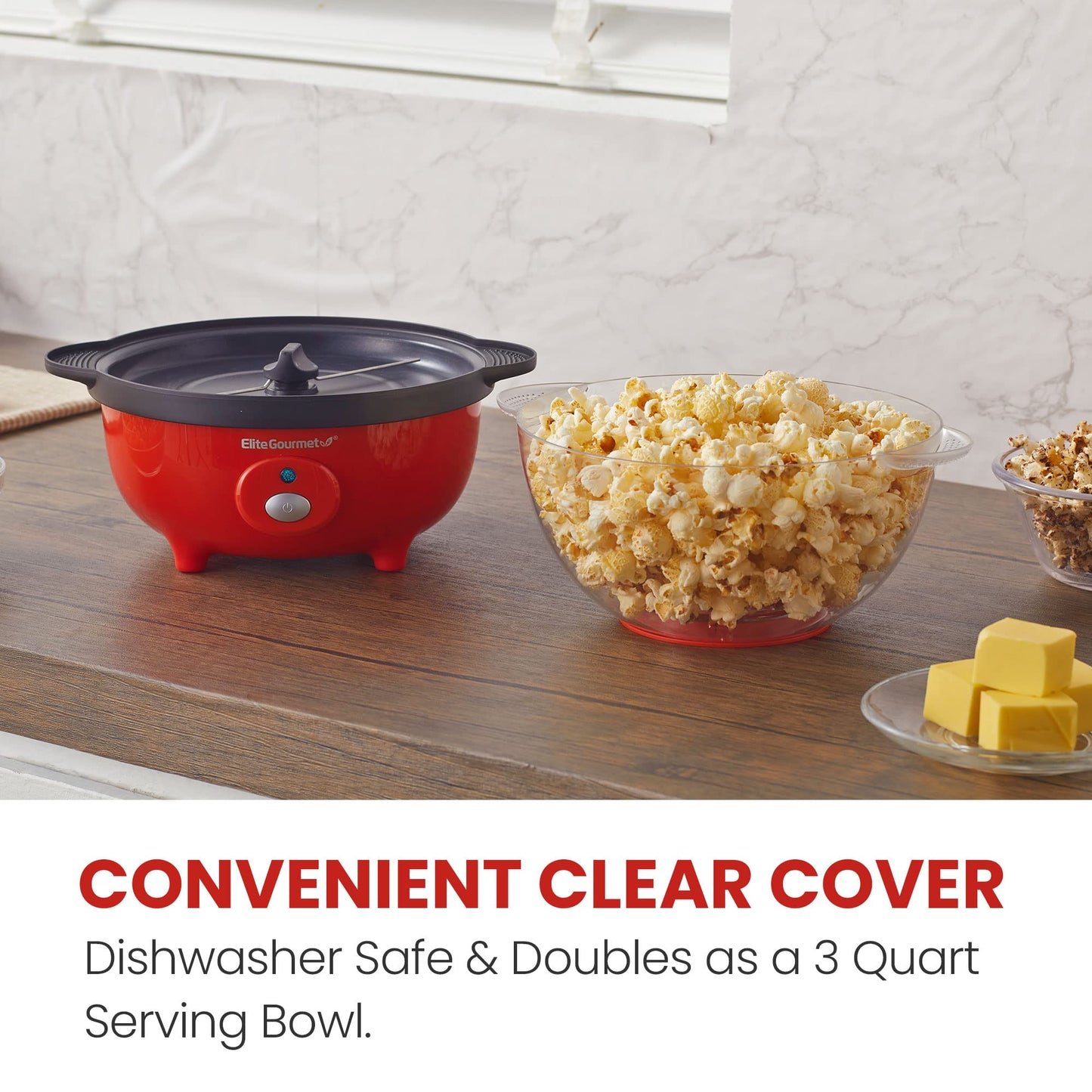 Elite Gourmet EPM330R Automatic Stirring Ceramic Nonstick 12-cup Popcorn Maker, Hot Oil Popcorn Machine w/Measuring Cap & Built-in Reversible Serving Bowl, Great for Home Party, ETL Approved, Red