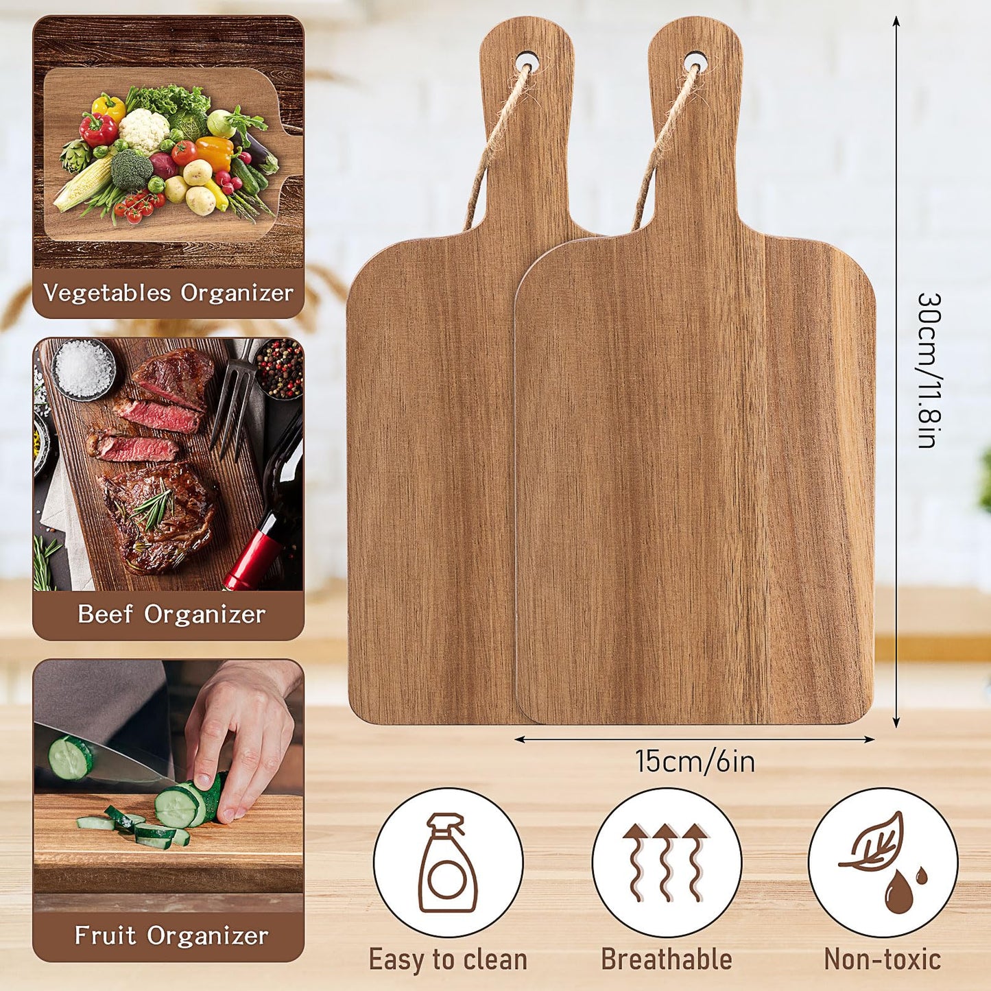 12-Pack Acacia Wood Cutting Boards with Handles, 12x6 Inch Chopping Board Bulk, Wooden Charcuterie Boards for Viggie, Fruits, Meal, Snack, Cheese, Engraving Holiday Gifts & Decor