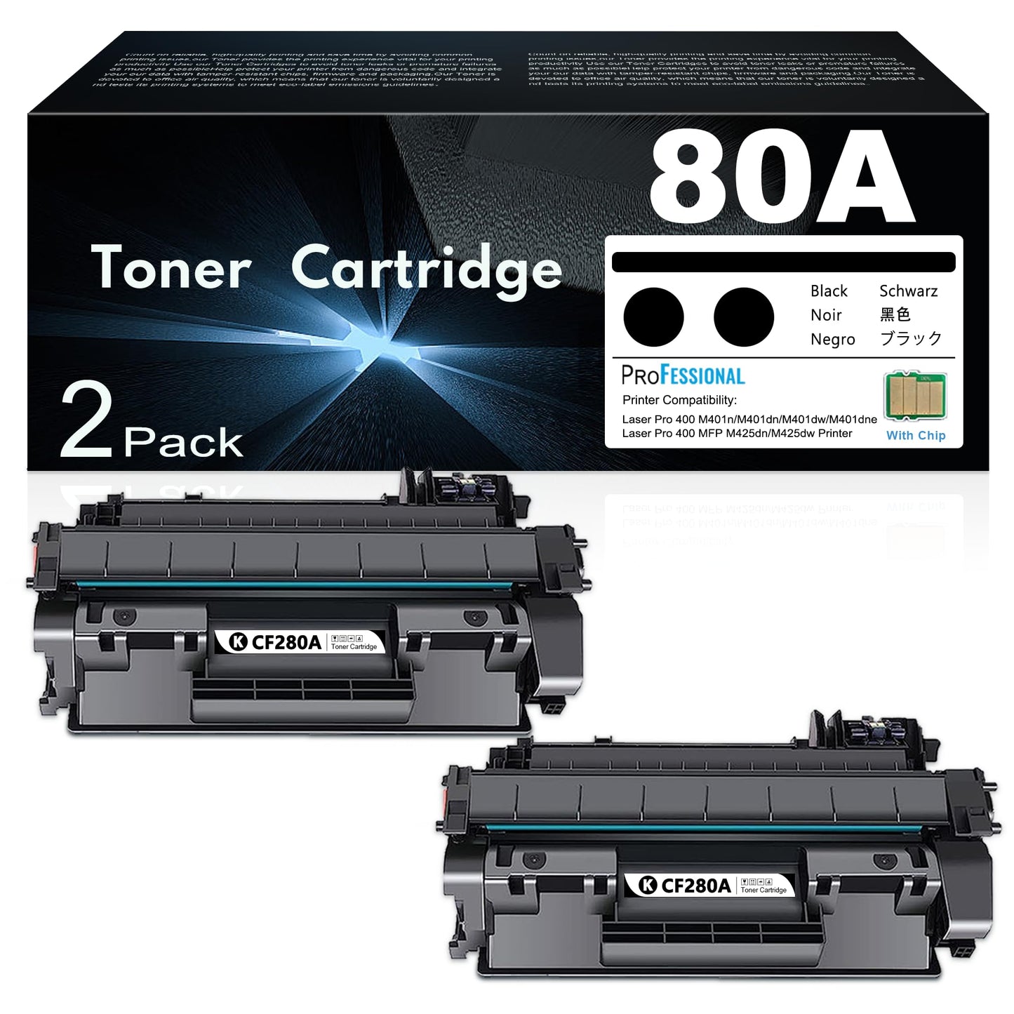 CF280A 80A Toner Cartridge Black High Yield, Replacement for HP 80A CF280AD1 Works with Laser Pro 400 M401n, M401dn, M401dw, M401dne, M425dw; Laser Pro 400 MFP M425dn Printer Cartridge | CF280A-2PK
