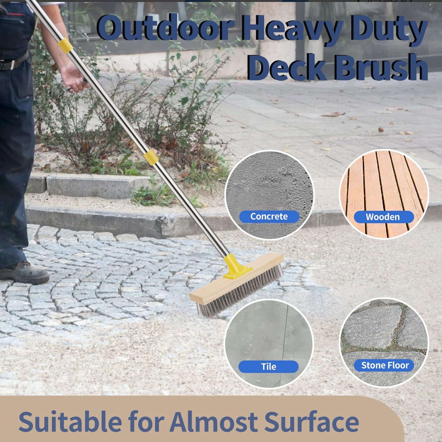 NICOFPHY Stainless Steel Deck Brushes for Scrubbing Heavy Duty, 60" Concrete Floor Scrub Brush with Long Handle, Metal Stiff Wire Scrubber Broom for Cleaning Moss, Garage, Patio, Garden, Outdoor Stain