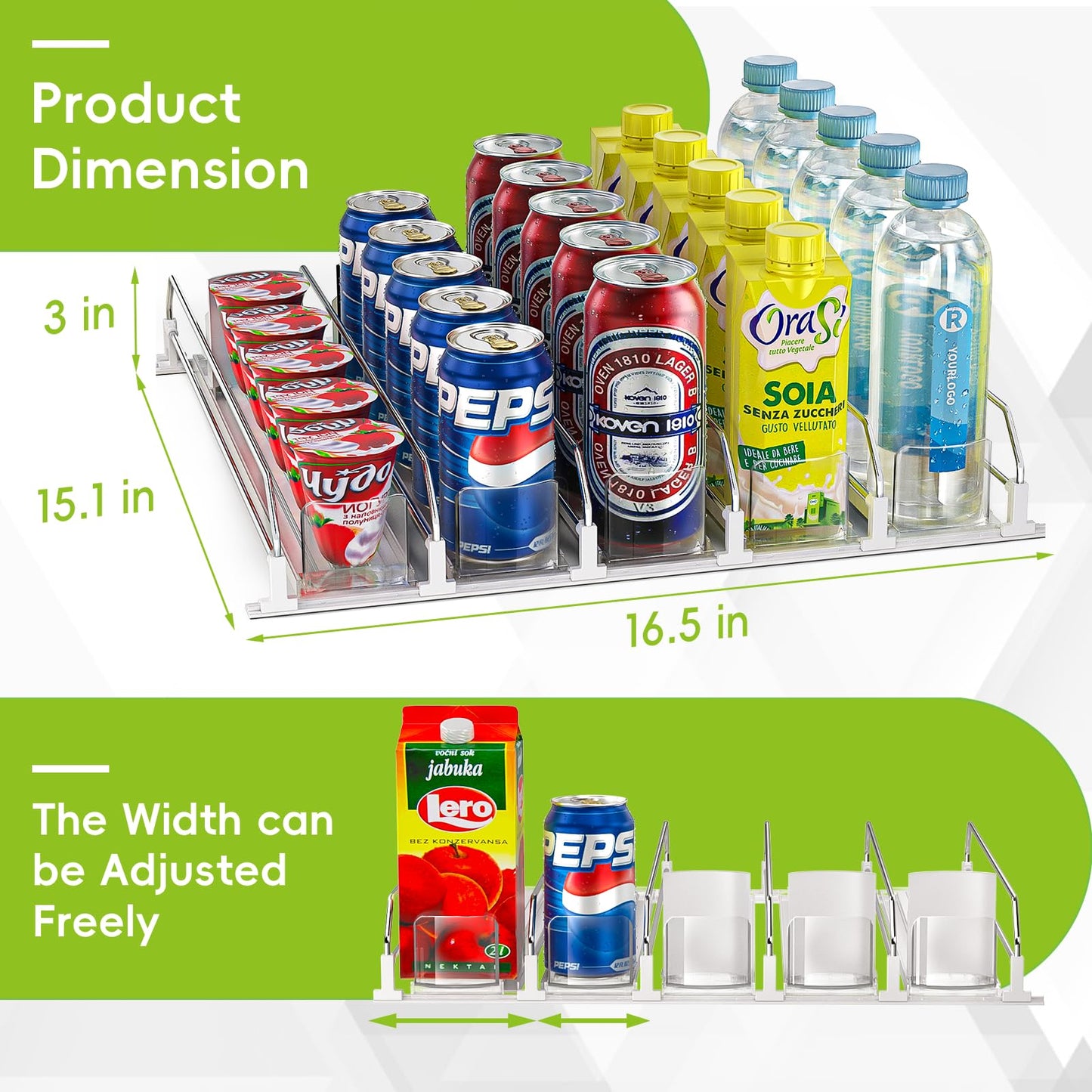Soda Can Dispenser for Refrigerator,Self-Pushing Drink Organizer for Fridge, Width Adjustable Fridge Organization, Beer Pop Can Water Bottle Drink Dispenser for Fridge (15.1"D) White (White, 6 Row)