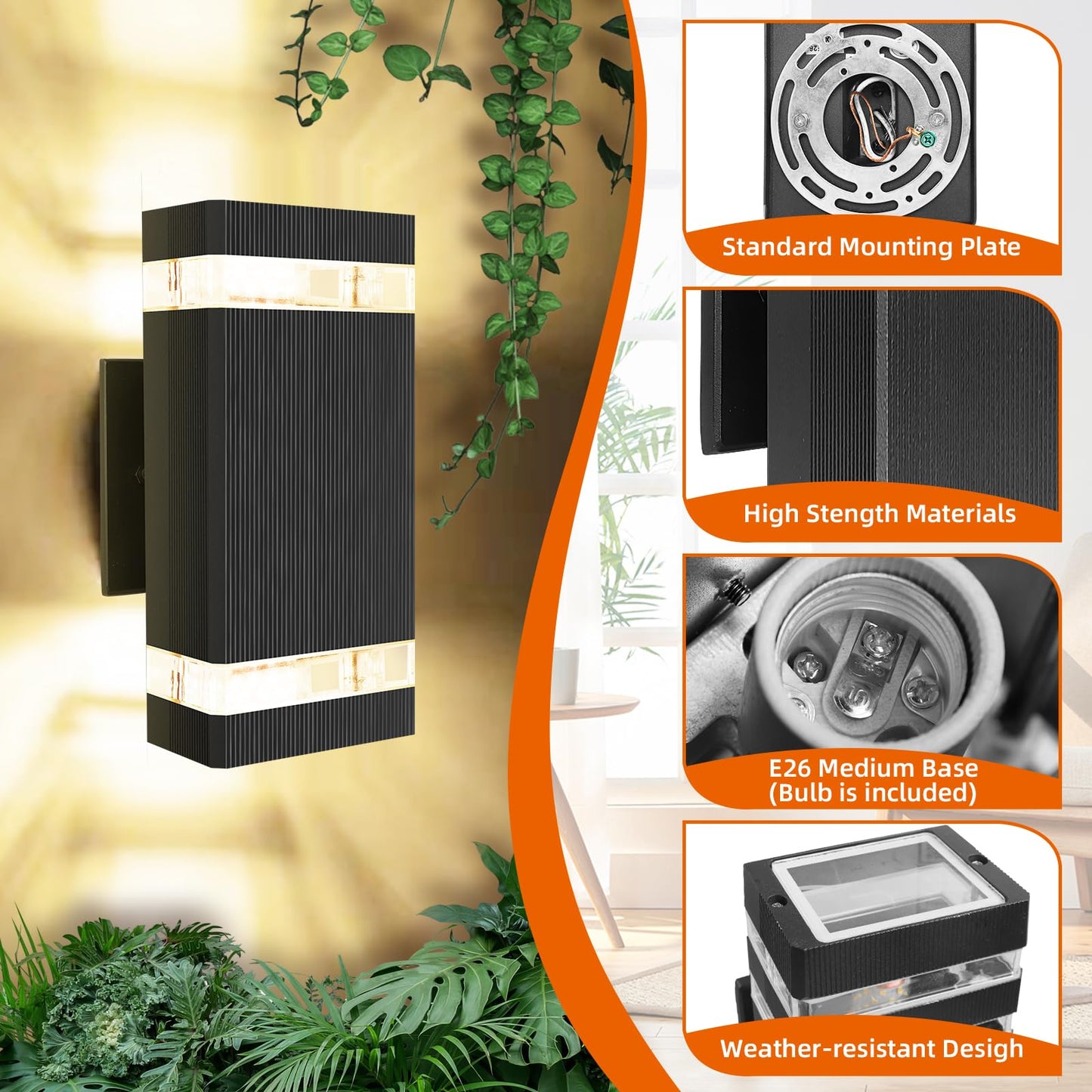 Square Up and Down Lights Outdoor Wall Light E26 with Bulbs Fixture Outdoor Wall Lights Aluminum Waterproof Outdoor Wall Lamps Outdoor Wall Sconce Exterior Lamps for Front Porch Patio Garage (2)